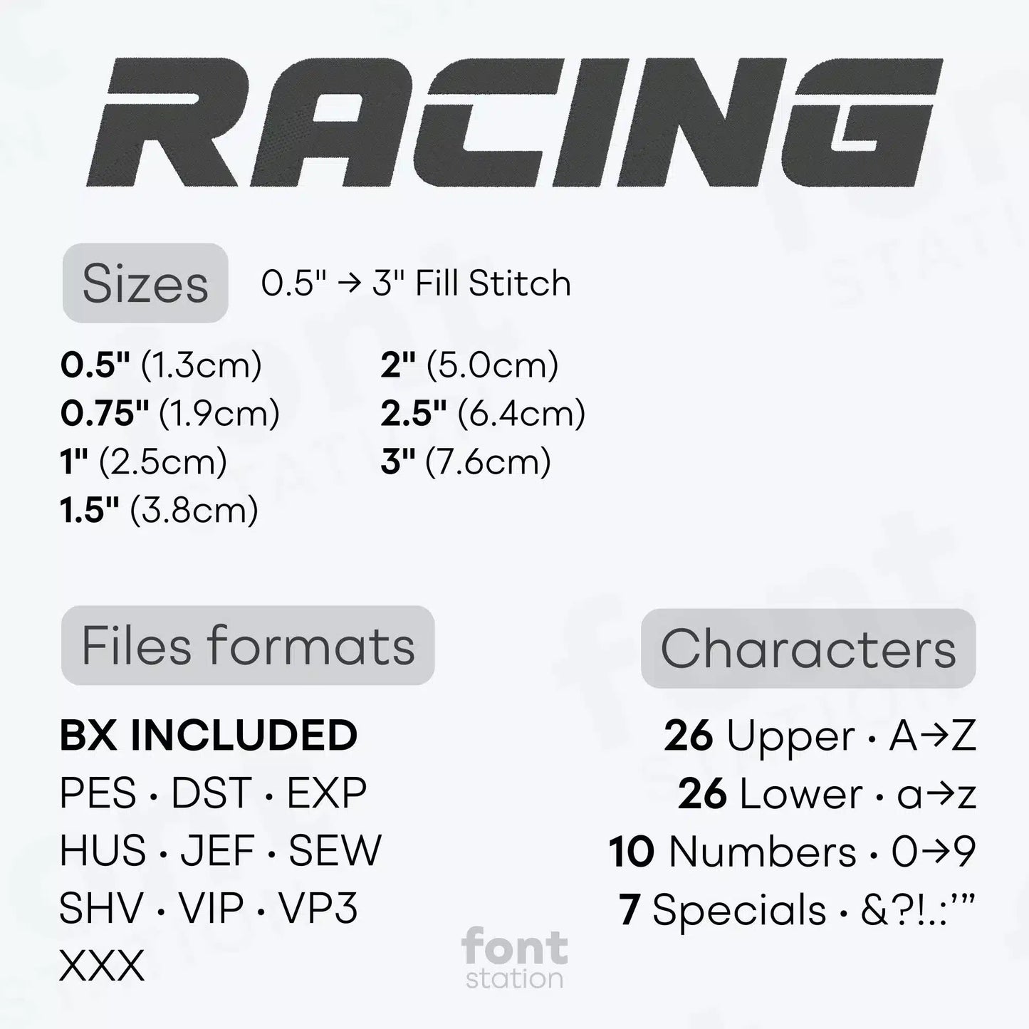 Image showing the different files formats, sizes, stitch type and available characters of the Racing Embroidery Font by FontStation