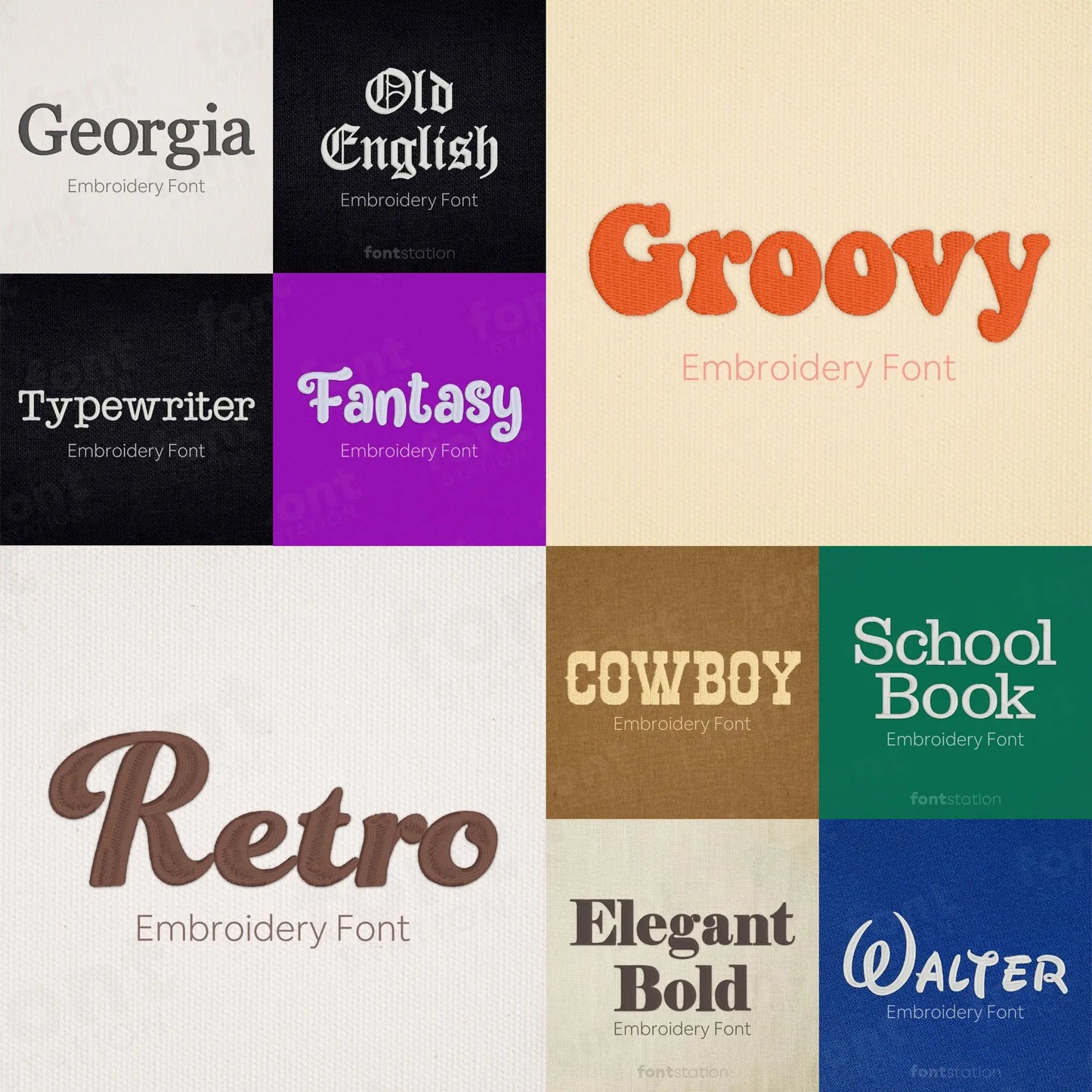 Collection of various embroidery fonts displayed in a grid on different colored backgrounds.