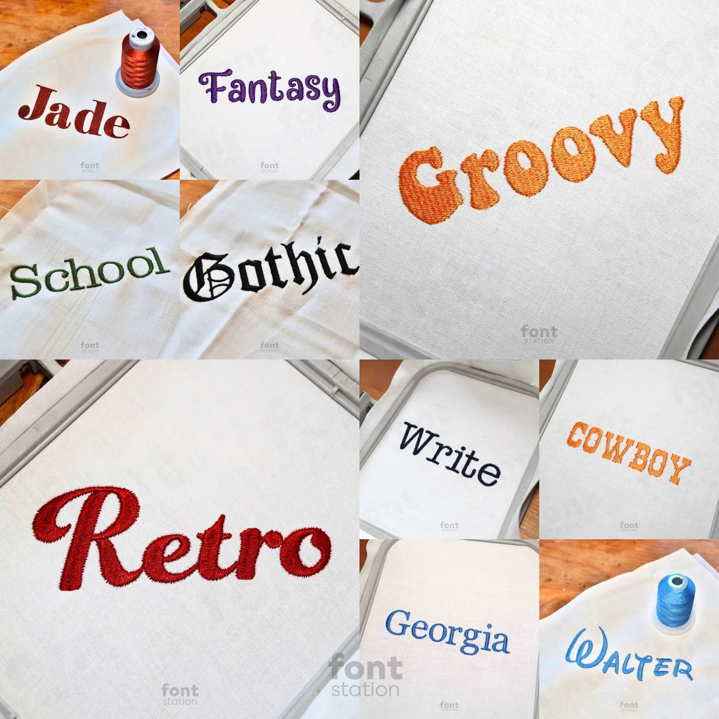 Image showing a word embroidered on textile using the Retro embroidery font bundle created by FontStation