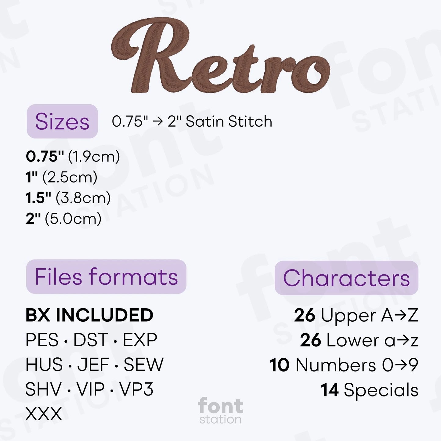 Image showing the different files formats, sizes, stitch type and available characters of the Retro Embroidery Font by FontStation