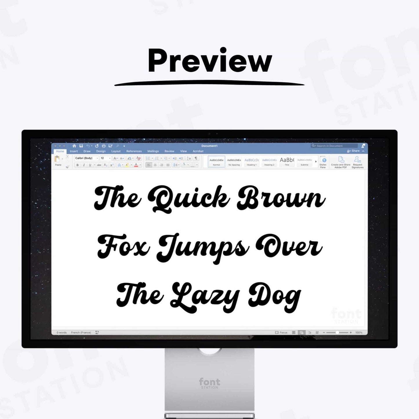 A complete showcase image of the Retro font, featuring the text 'The quick brown fox jumps over the lazy dog' to display every letter of the alphabet.