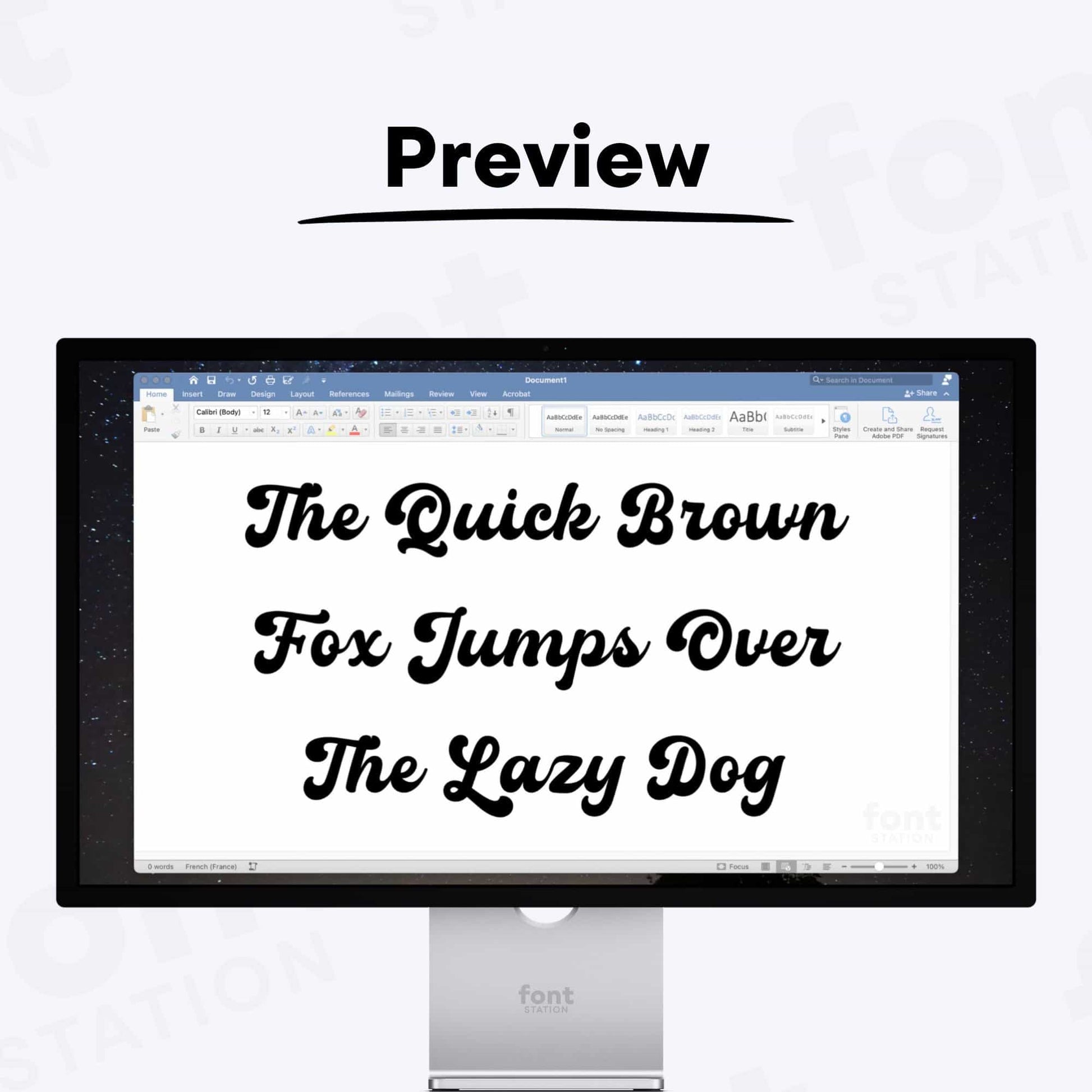 A complete showcase image of the Retro font, featuring the text 'The quick brown fox jumps over the lazy dog' to display every letter of the alphabet.