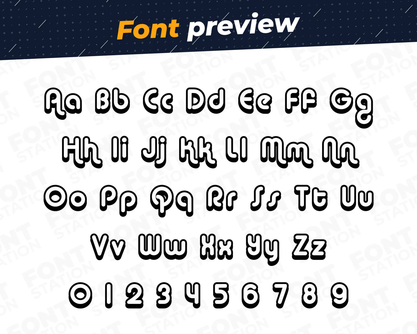 Image showing all characters available in the Retro Shadow font created by FontStation.