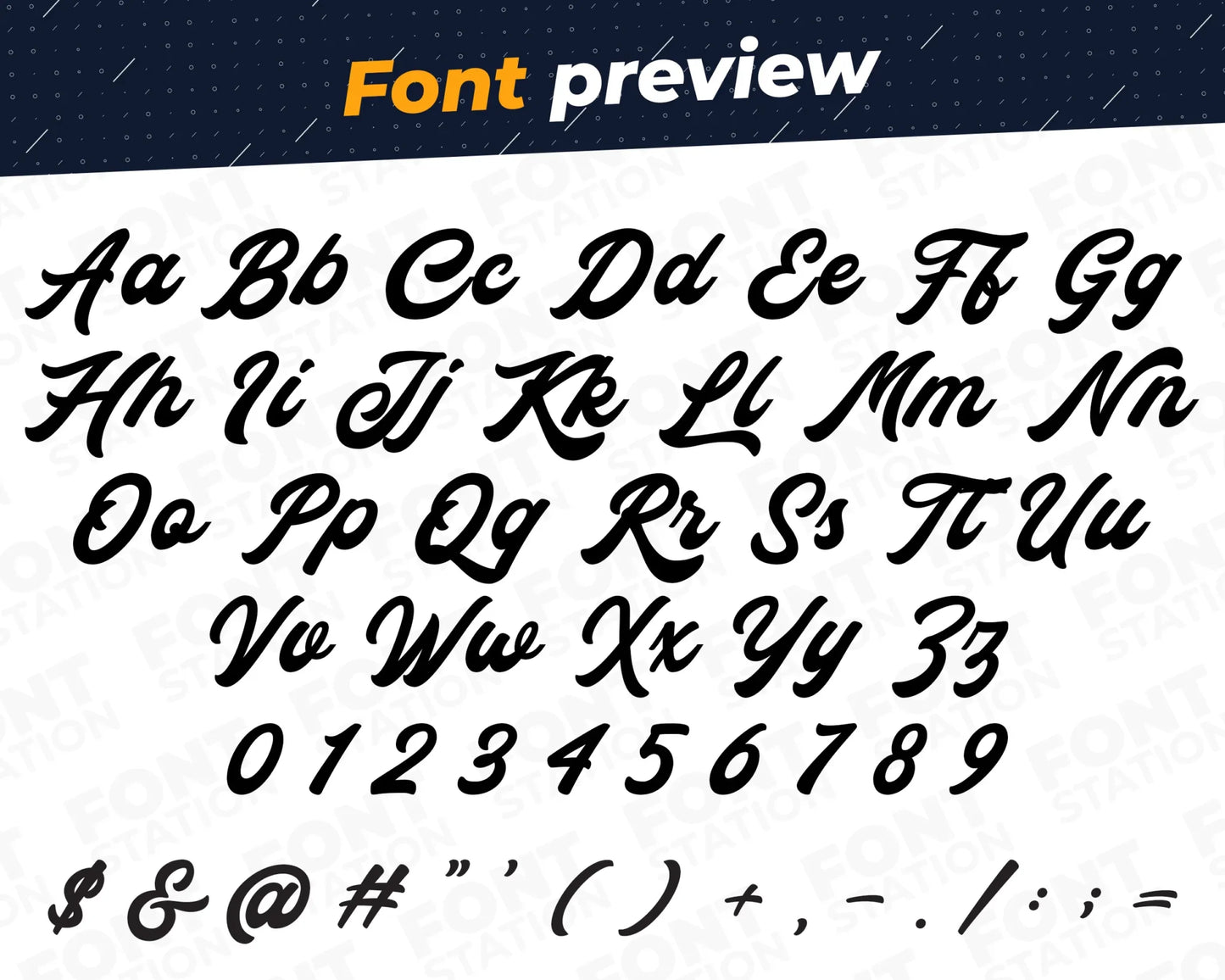 Image showing all characters available in the Rock N Roll font created by FontStation.