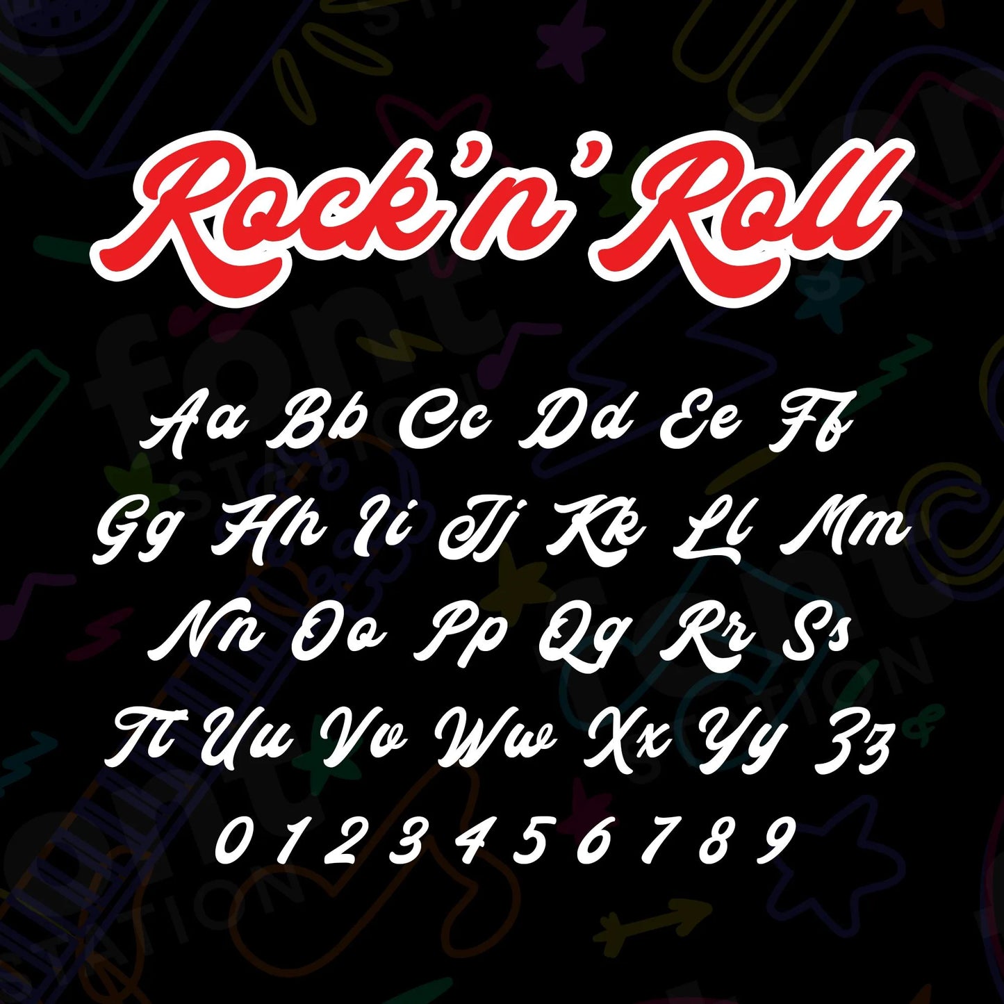 Image showing all characters available in the Rock N Roll font created by FontStation.
