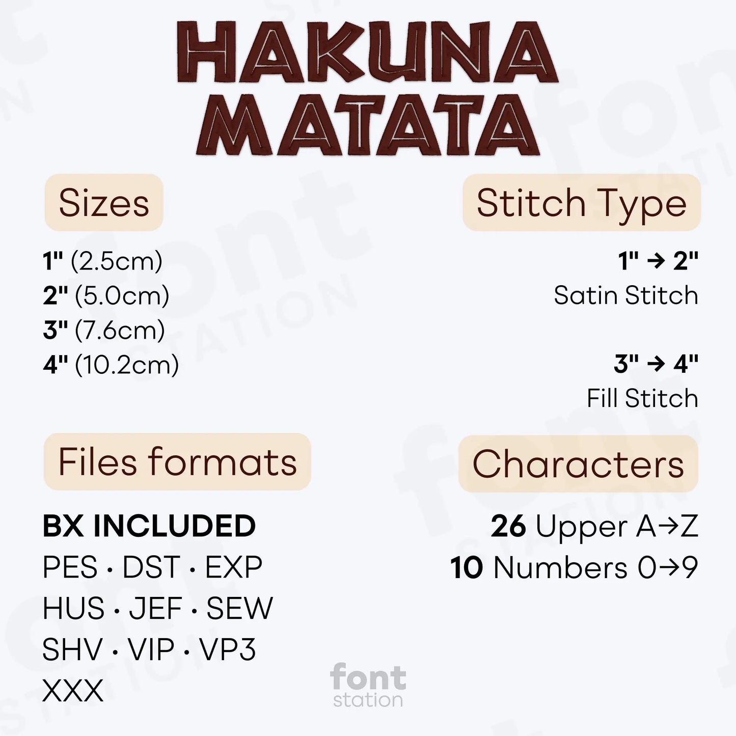 Image showing the different files formats, sizes, stitch type and available characters of the Safari Embroidery Font by FontStation