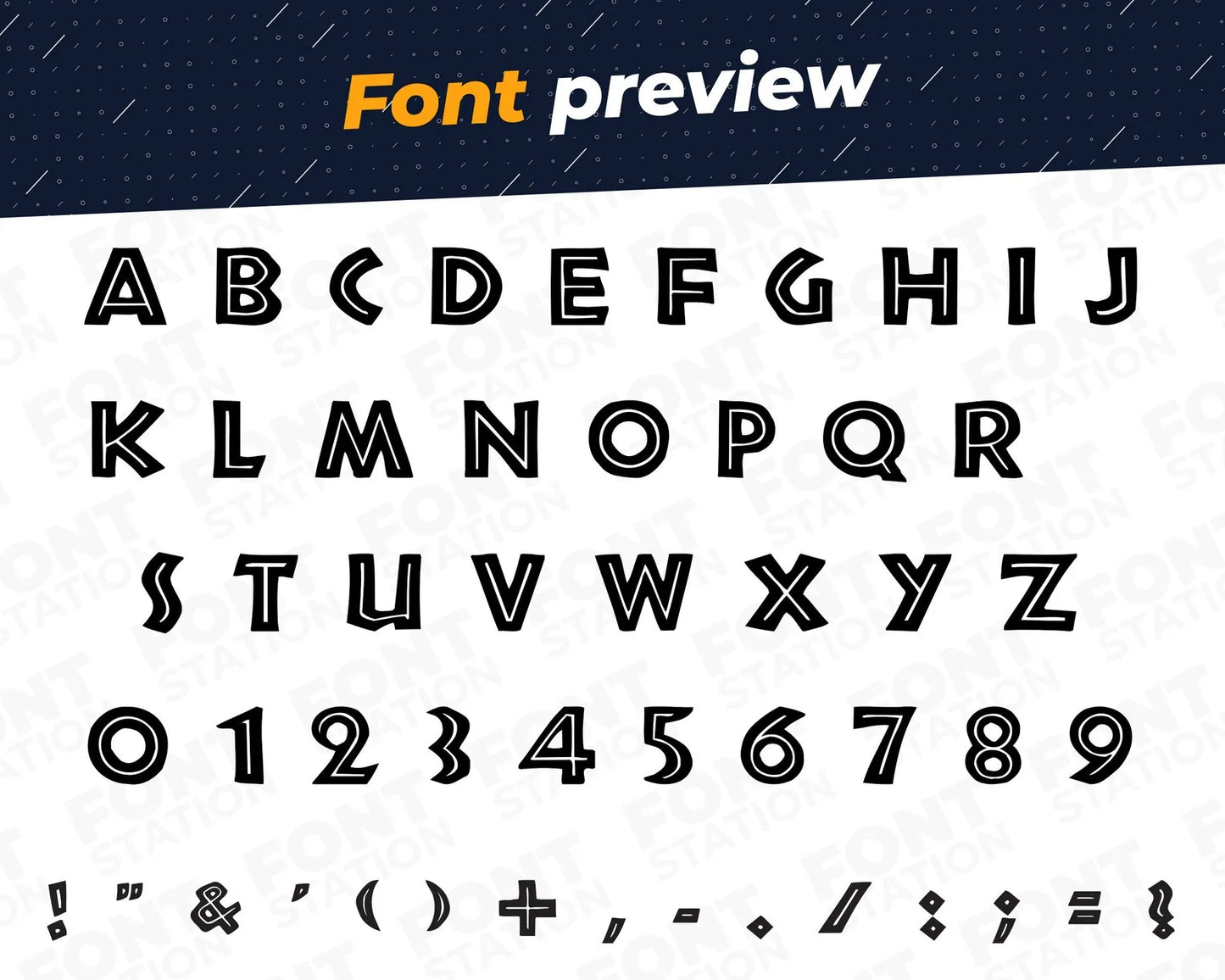 Image showing all characters available in the Safari font created by FontStation.