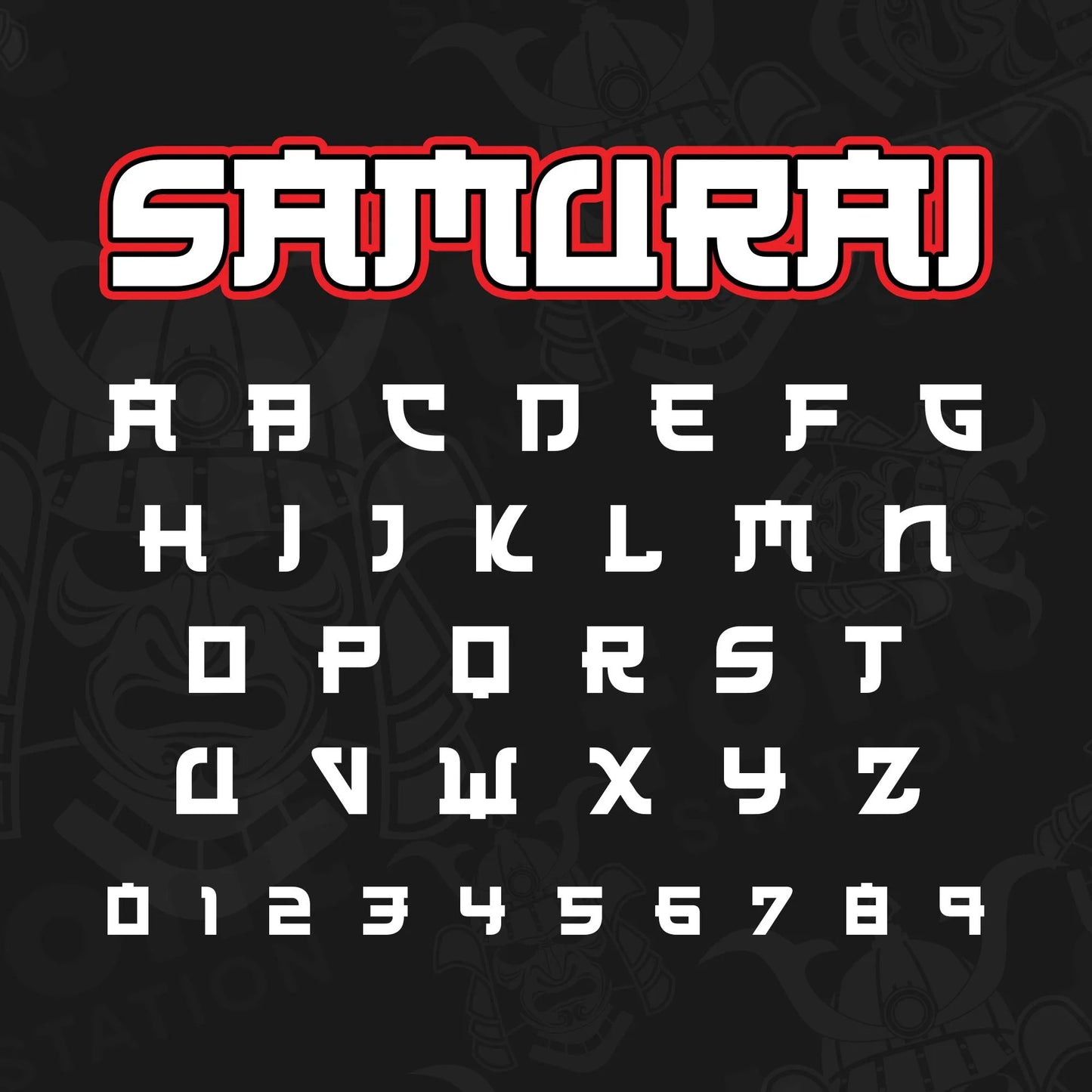 Image showing all characters available in the Samurai font created by FontStation.