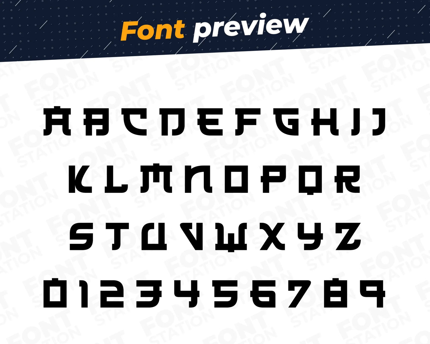 Image showing all characters available in the Samurai font created by FontStation.