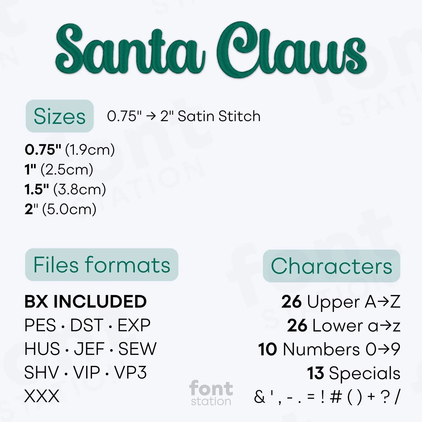 Image showing the different files formats, sizes, stitch type and available characters of the Santa Claus Embroidery Font by FontStation