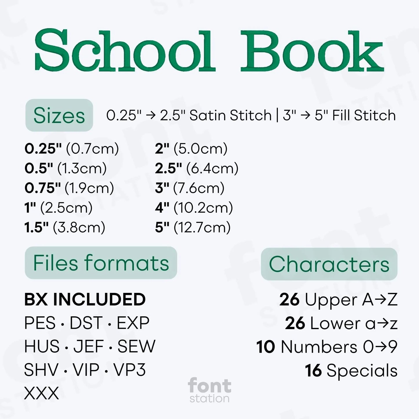 Image showing formats and sizes of the School Book embroidery font created by FontStation