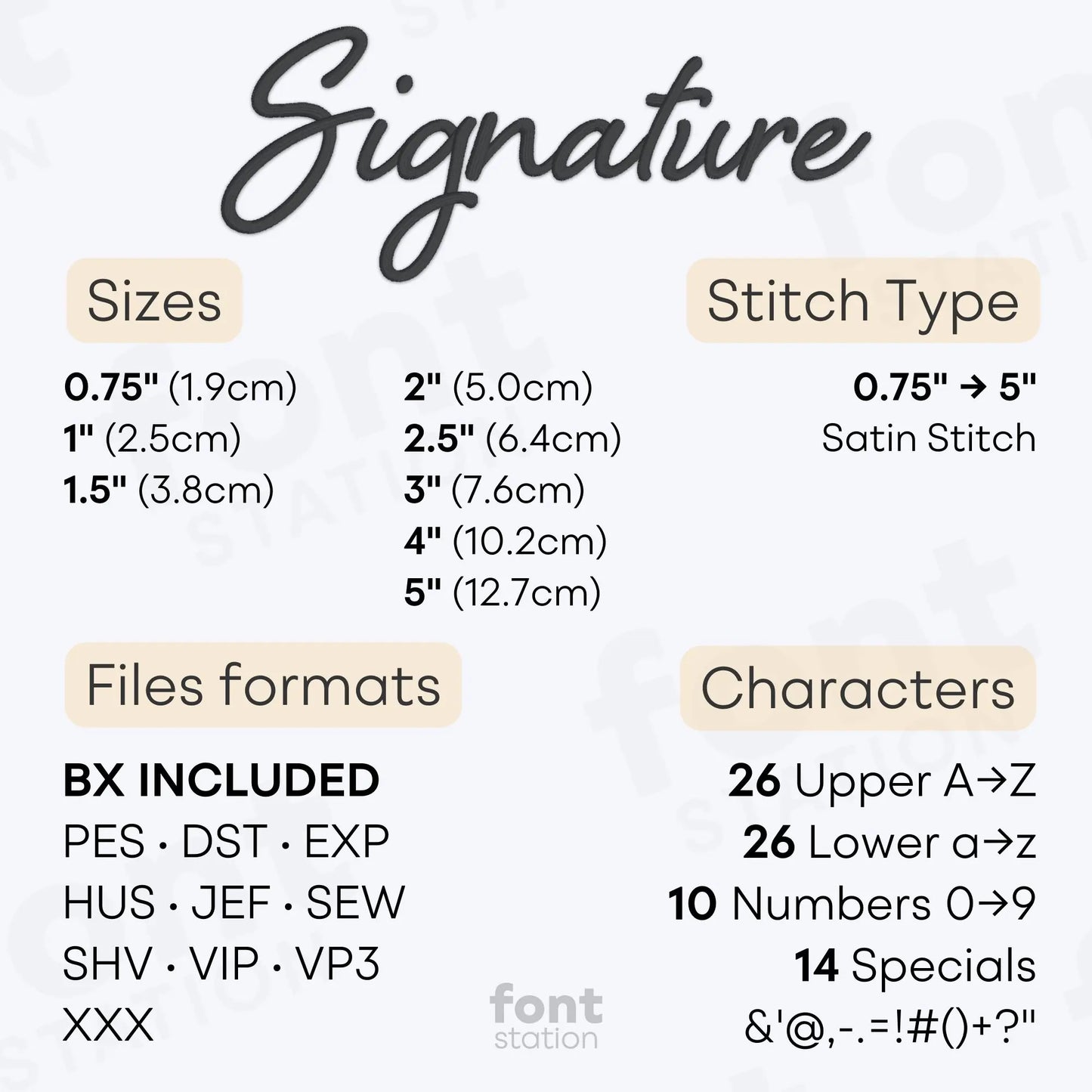 Image showing the different files formats, sizes, stitch type and available characters of the Signature Embroidery Font by FontStation