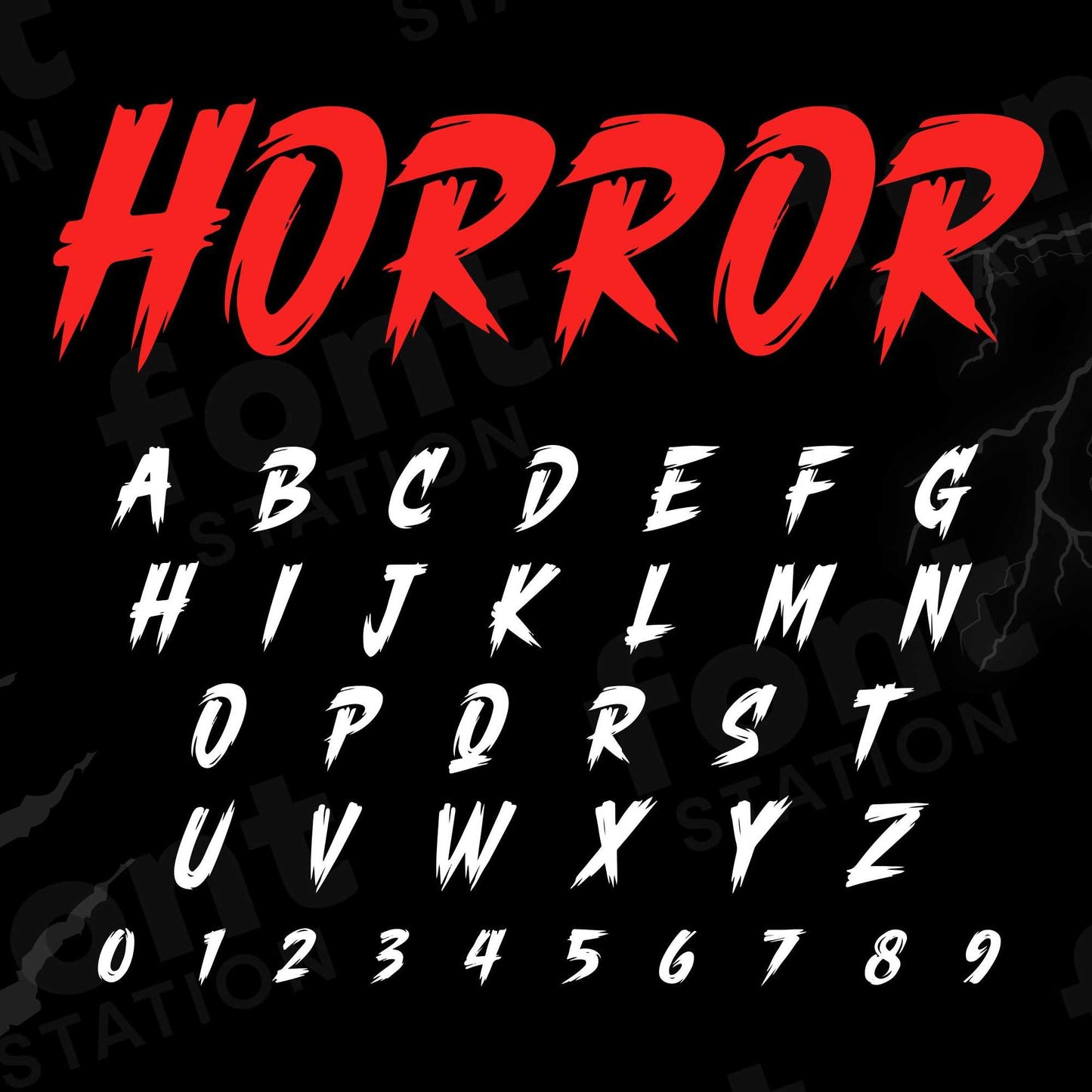 Image showing all characters available in the Slasher font created by FontStation.