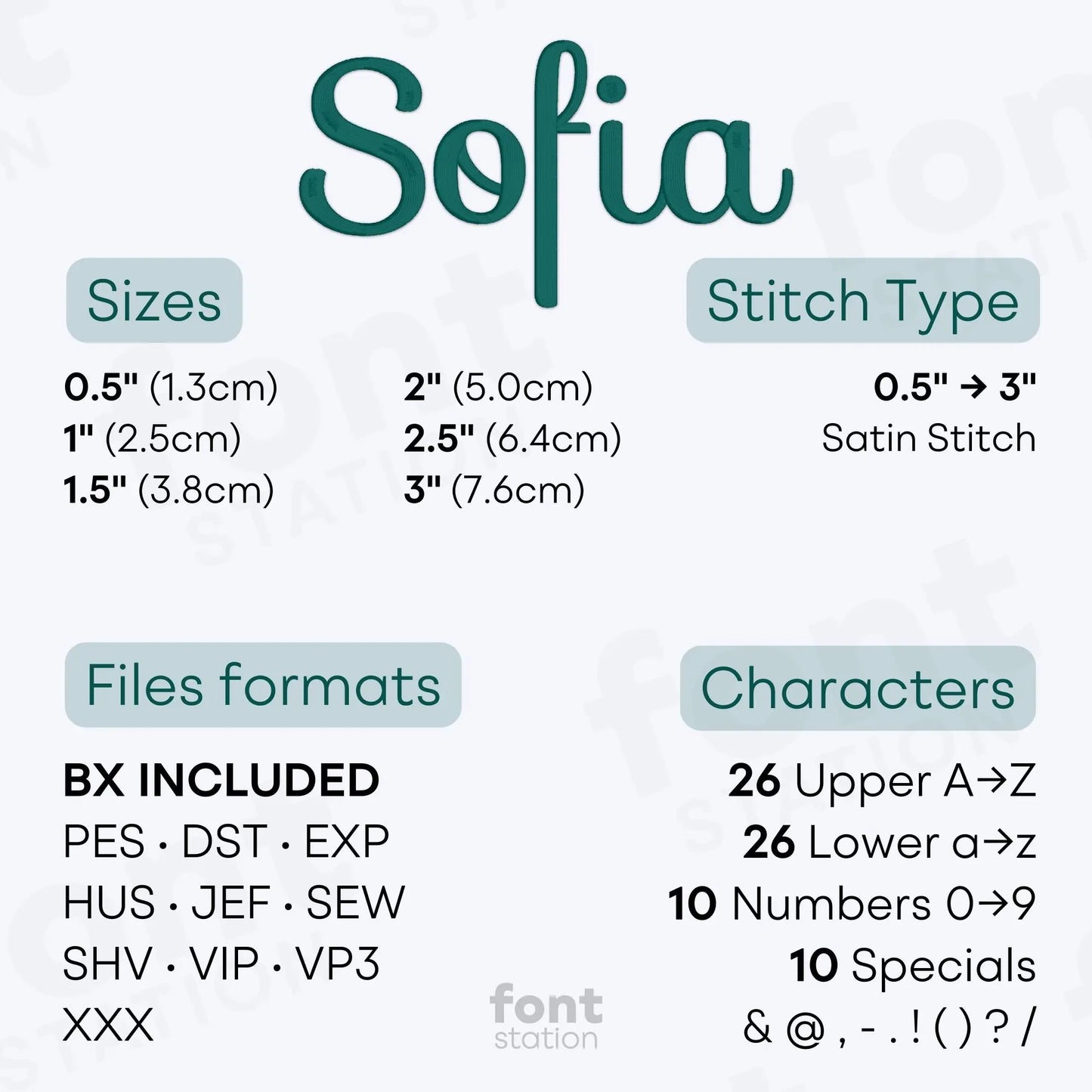 Image showing the different files formats, sizes, stitch type and available characters of the Sofia Embroidery Font by FontStation
