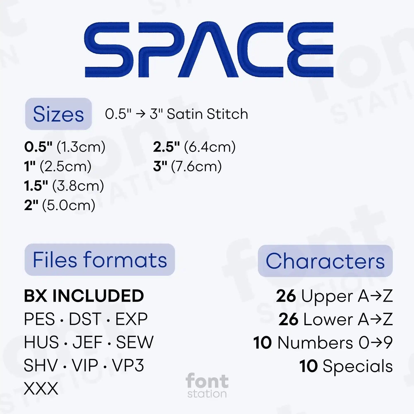 Image showing formats and sizes of the Space embroidery font created by FontStation