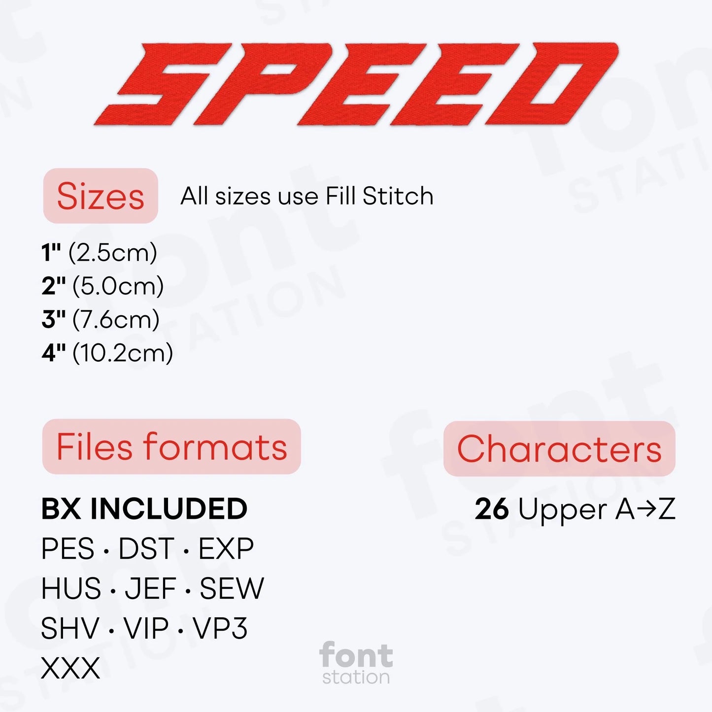 Image showing the different files formats, sizes, stitch type and available characters of the Speed Embroidery Font by FontStation