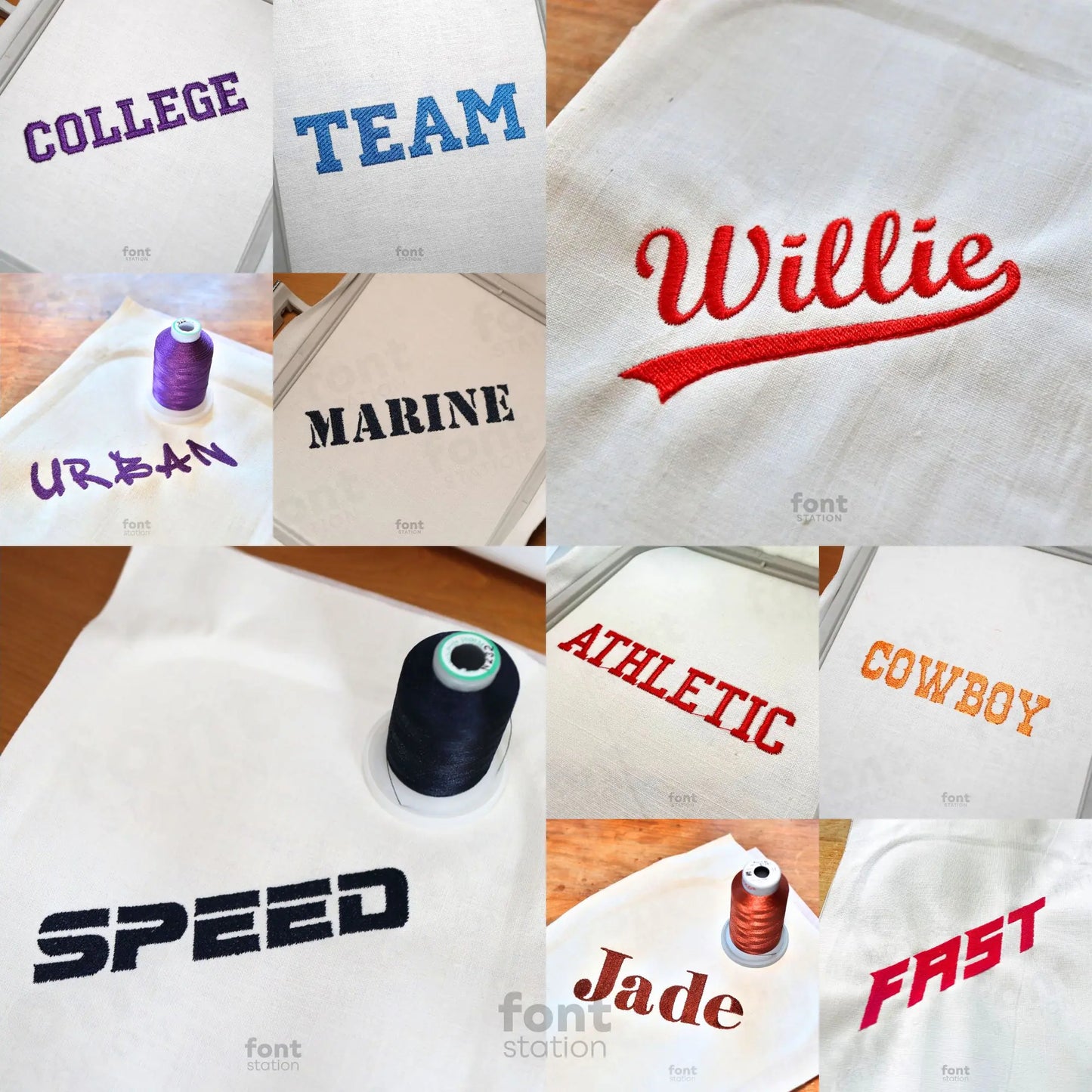 Image showing a word embroidered on textile using the Sports embroidery font bundle created by FontStation