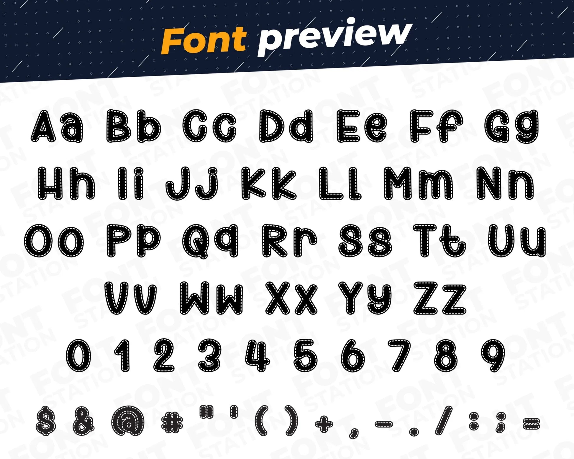 Image showing all characters available in the Stitched font created by FontStation.