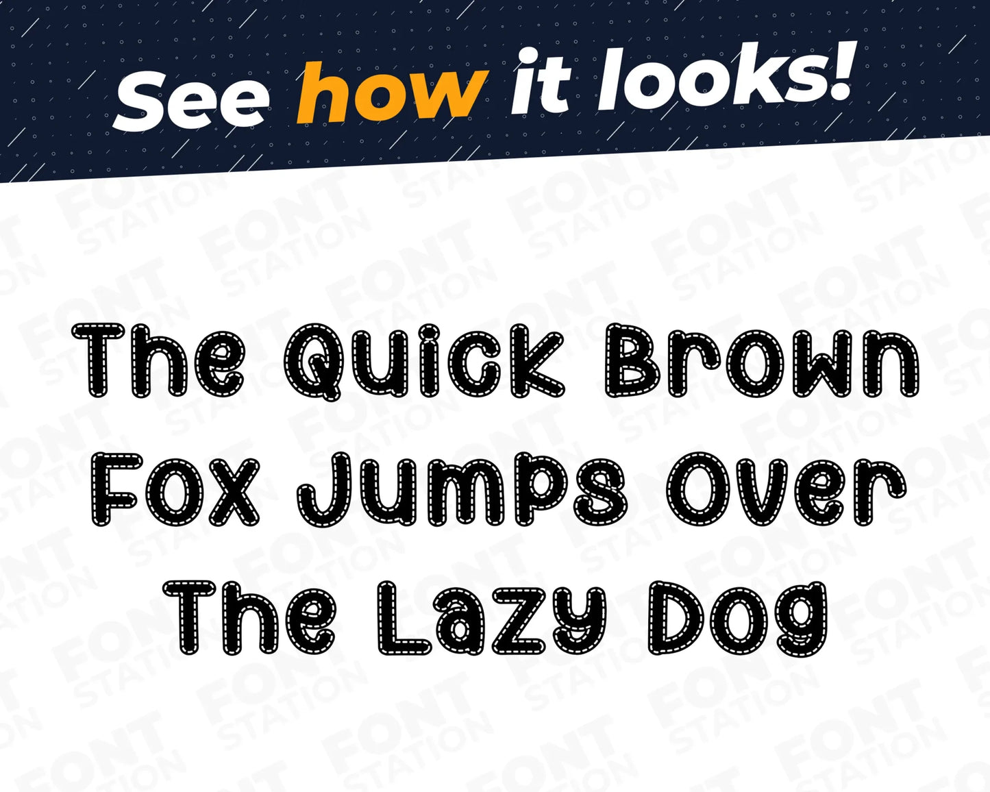 A complete showcase image of the Stitched font, featuring the text 'The quick brown fox jumps over the lazy dog' to display every letter of the alphabet.