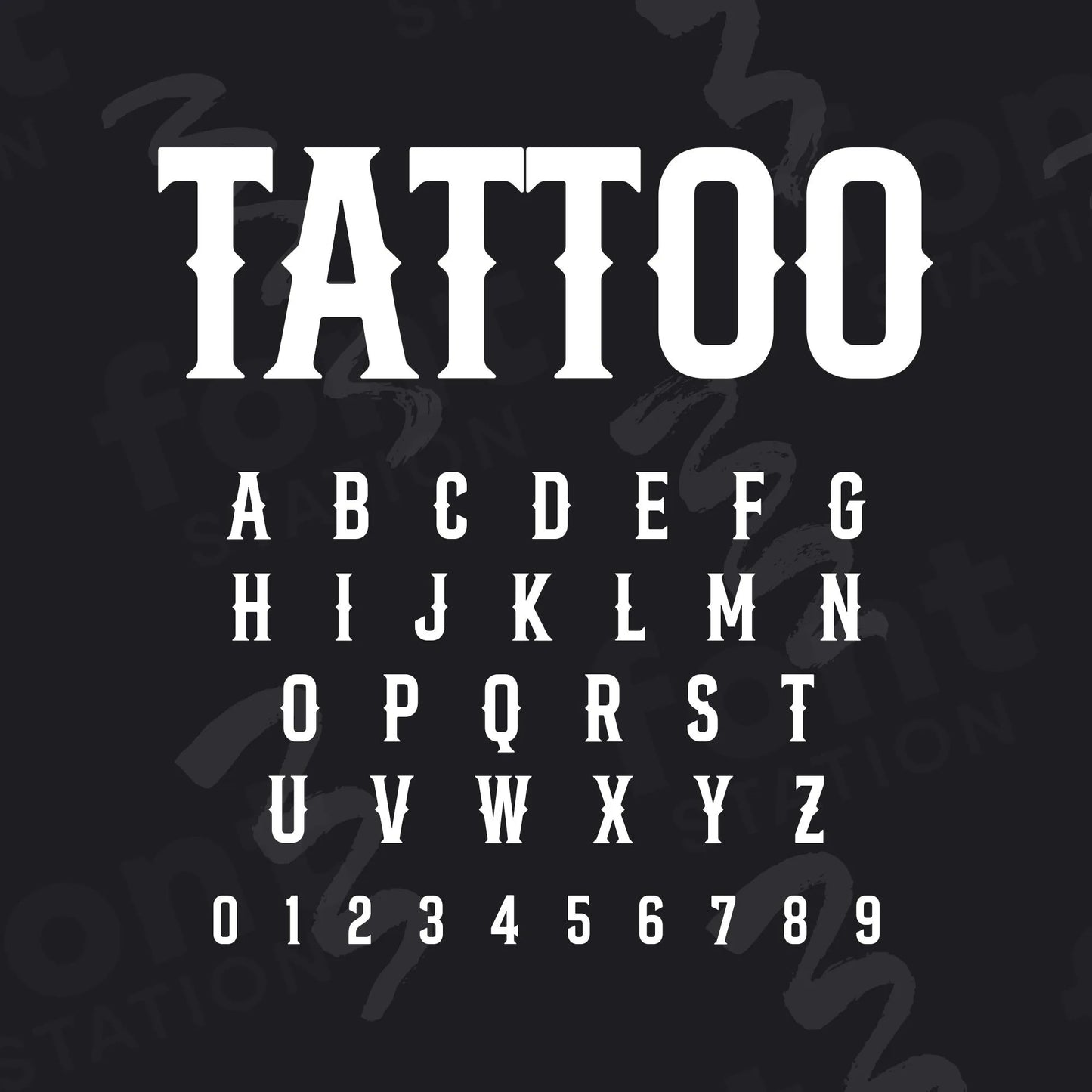 Image showing all characters available in the Tattoo Studio font created by FontStation.