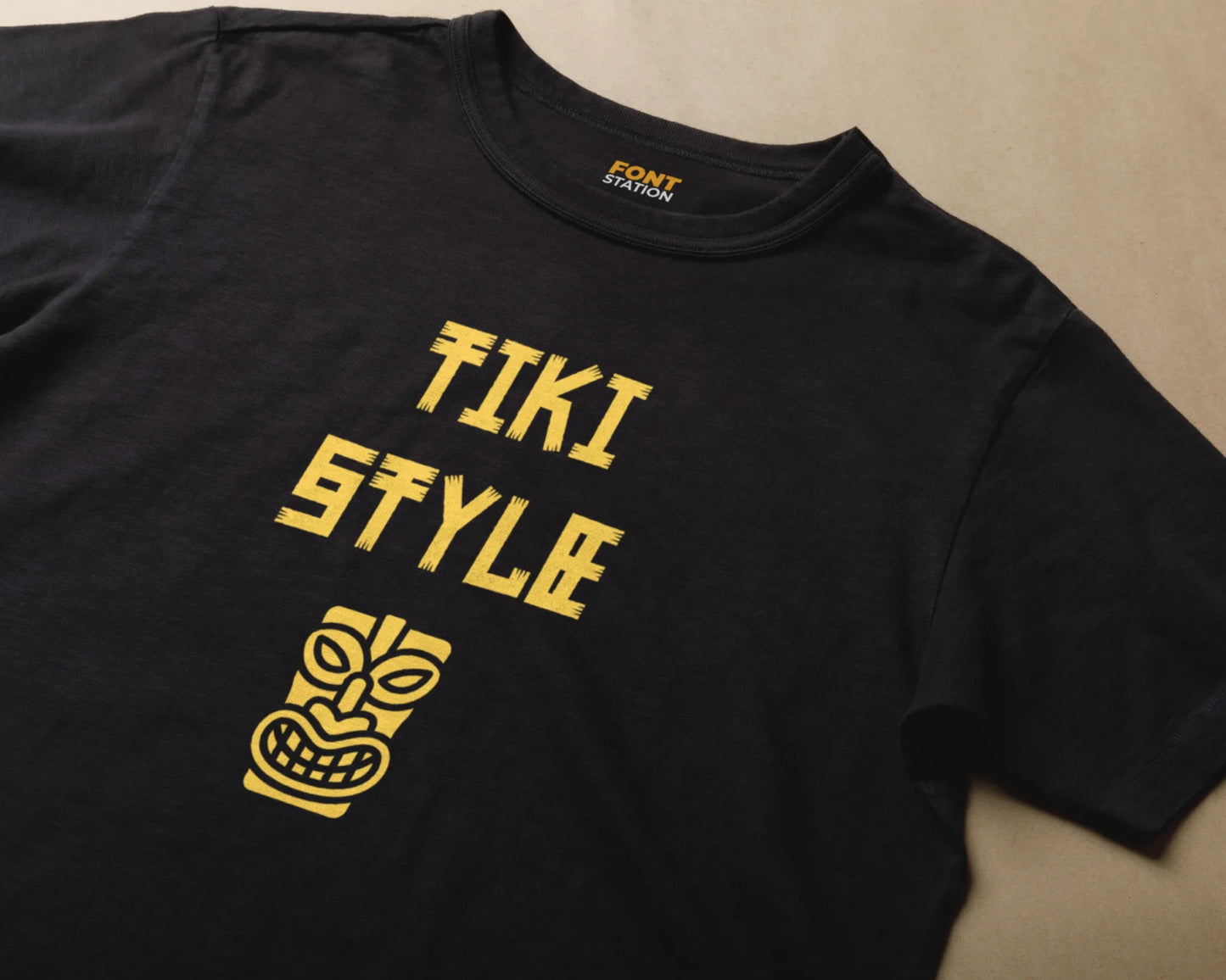 Sublimated T-Shirt with Tiki Totem Font Typography - Fashionable Apparel Displaying Stylish Lettering