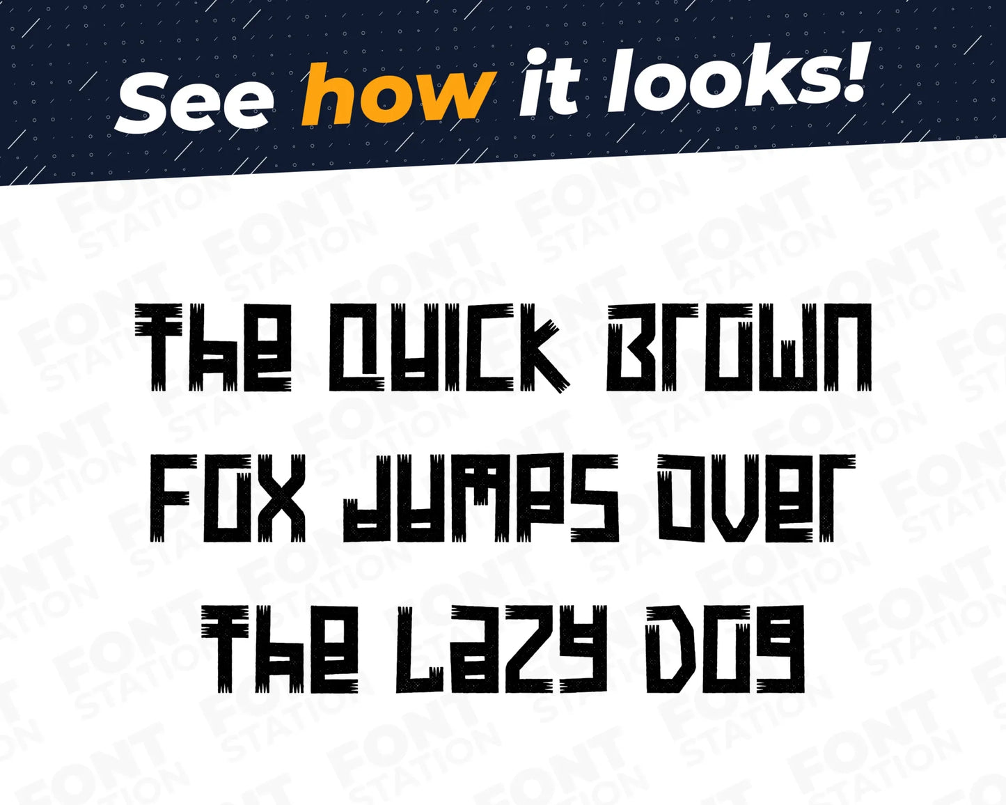 A complete showcase image of the Tiki Totem font, featuring the text 'The quick brown fox jumps over the lazy dog' to display every letter of the alphabet.
