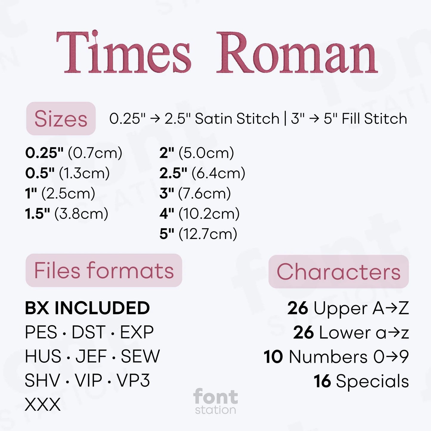 Image showing the different files formats, sizes, stitch type and available characters of the Times Roman Embroidery Font by FontStation