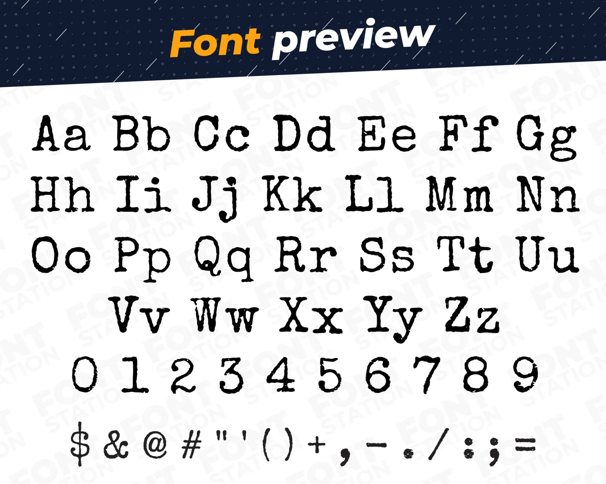 Image showing all characters available in the Typewriter font created by FontStation.