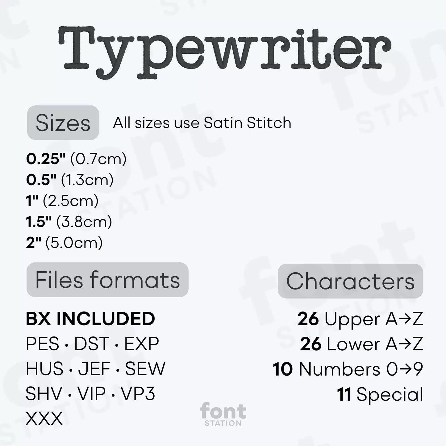 Image showing the different files formats, sizes, stitch type and available characters of the Typewriter Embroidery Font by FontStation