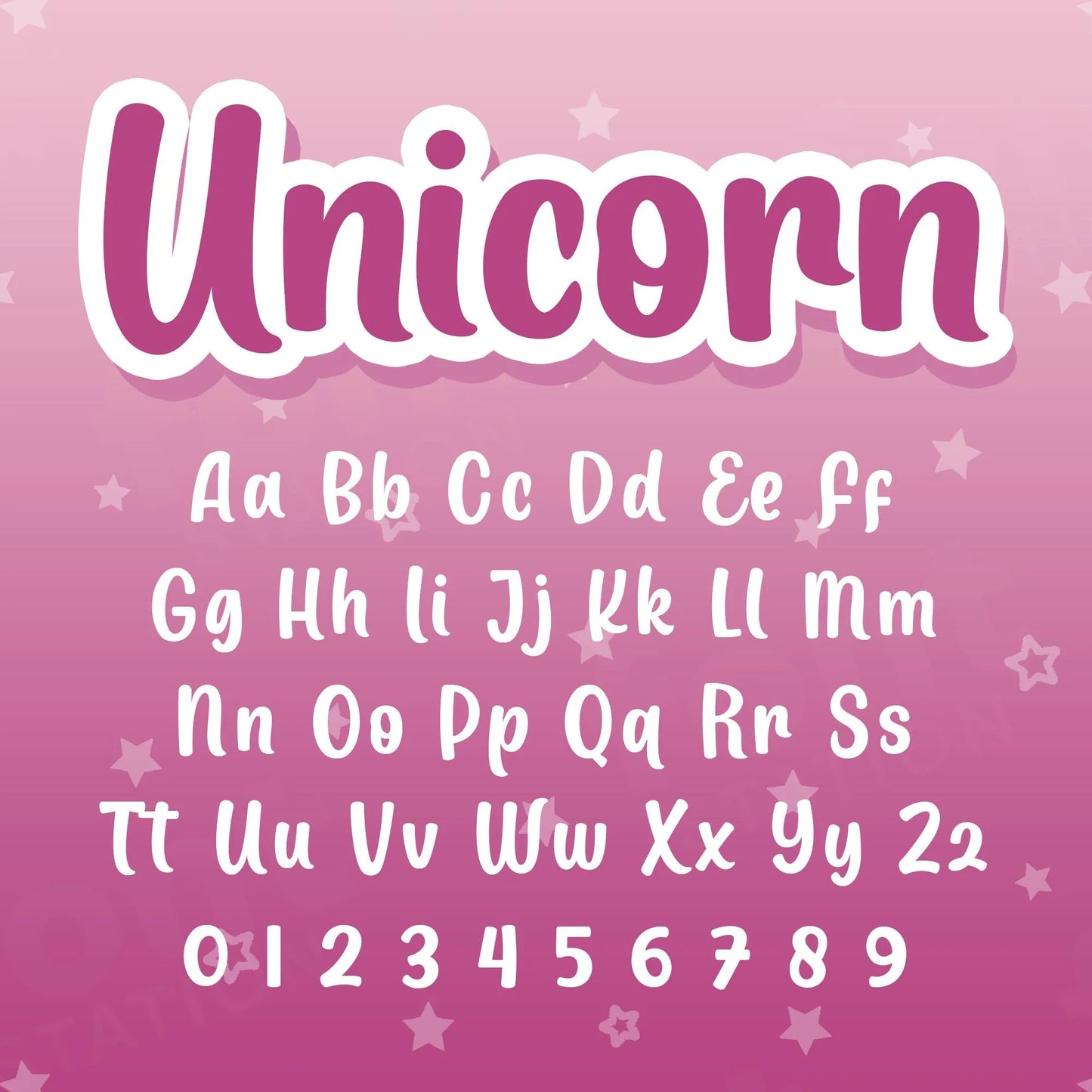 Image showing all characters available in the Unicorn font created by FontStation.