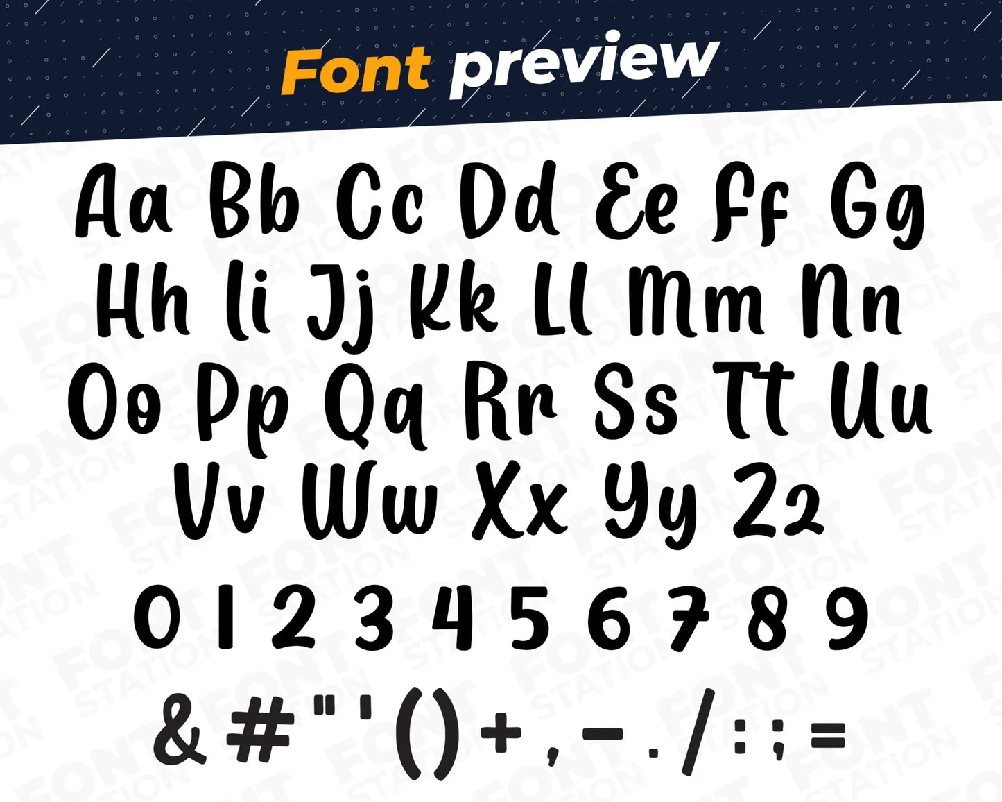 Image showing all characters available in the Unicorn font created by FontStation.