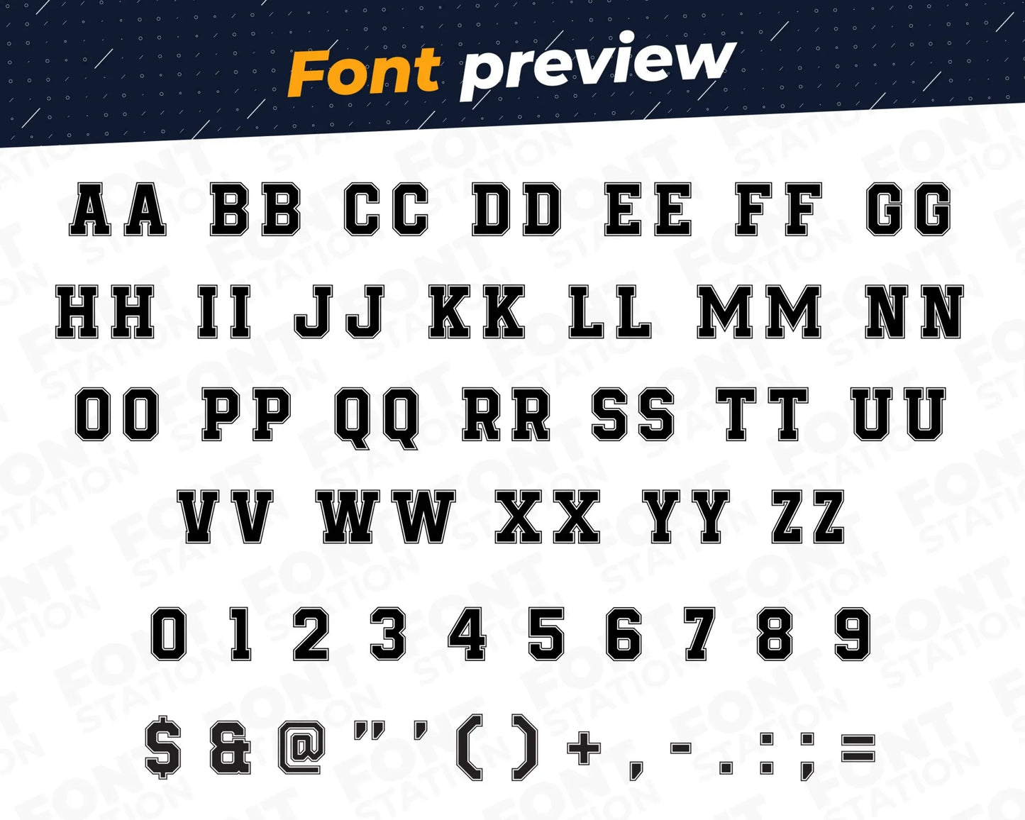 Image showing all characters available in the University font created by FontStation.