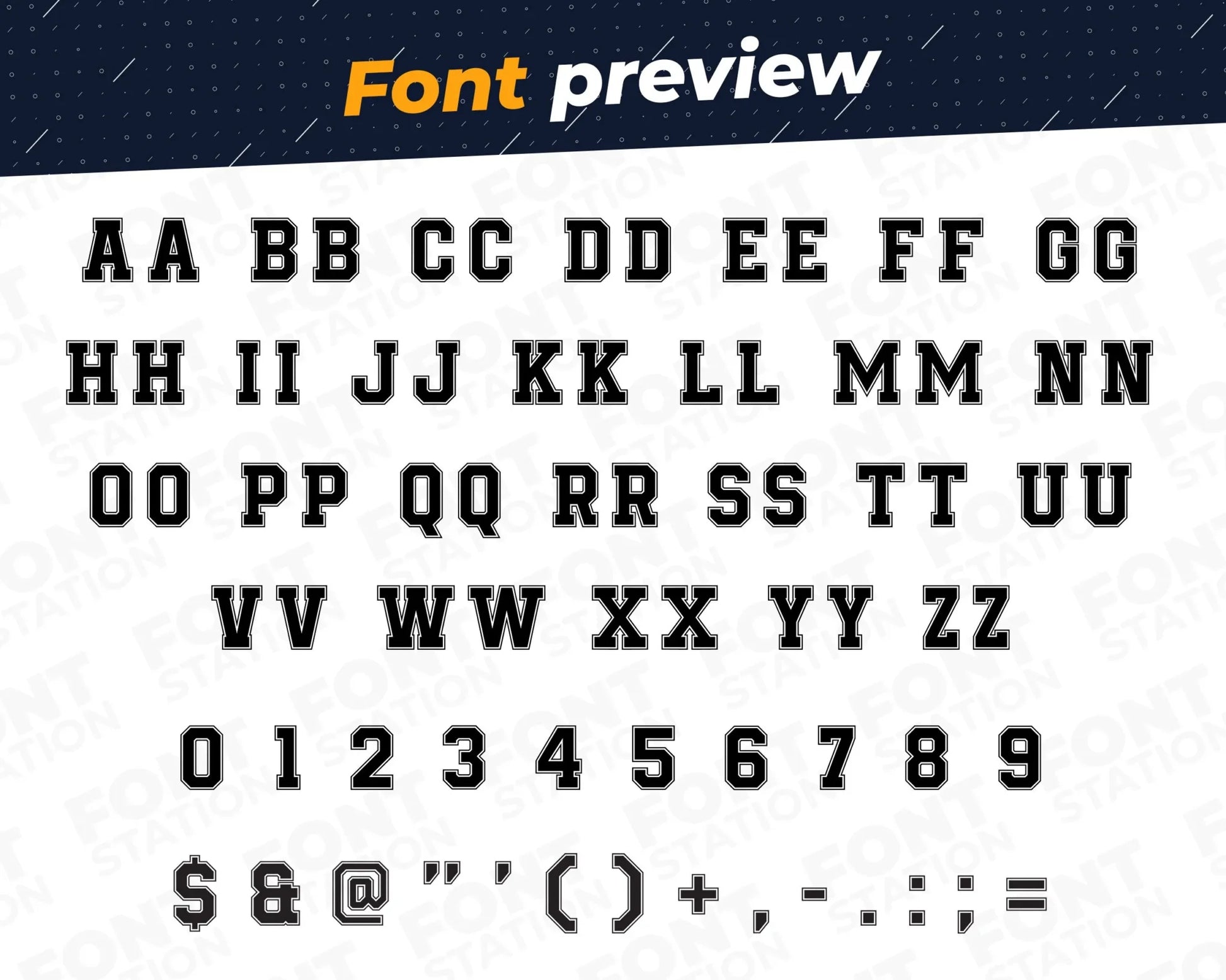 Image showing all characters available in the University font created by FontStation.