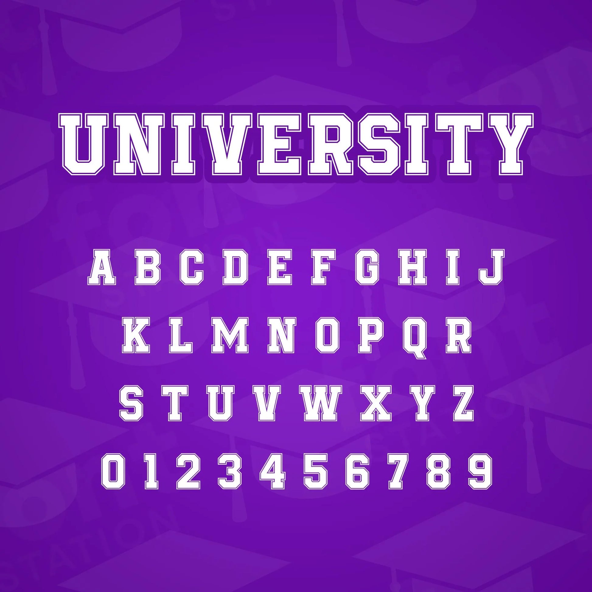 Image showing all characters available in the University font created by FontStation.
