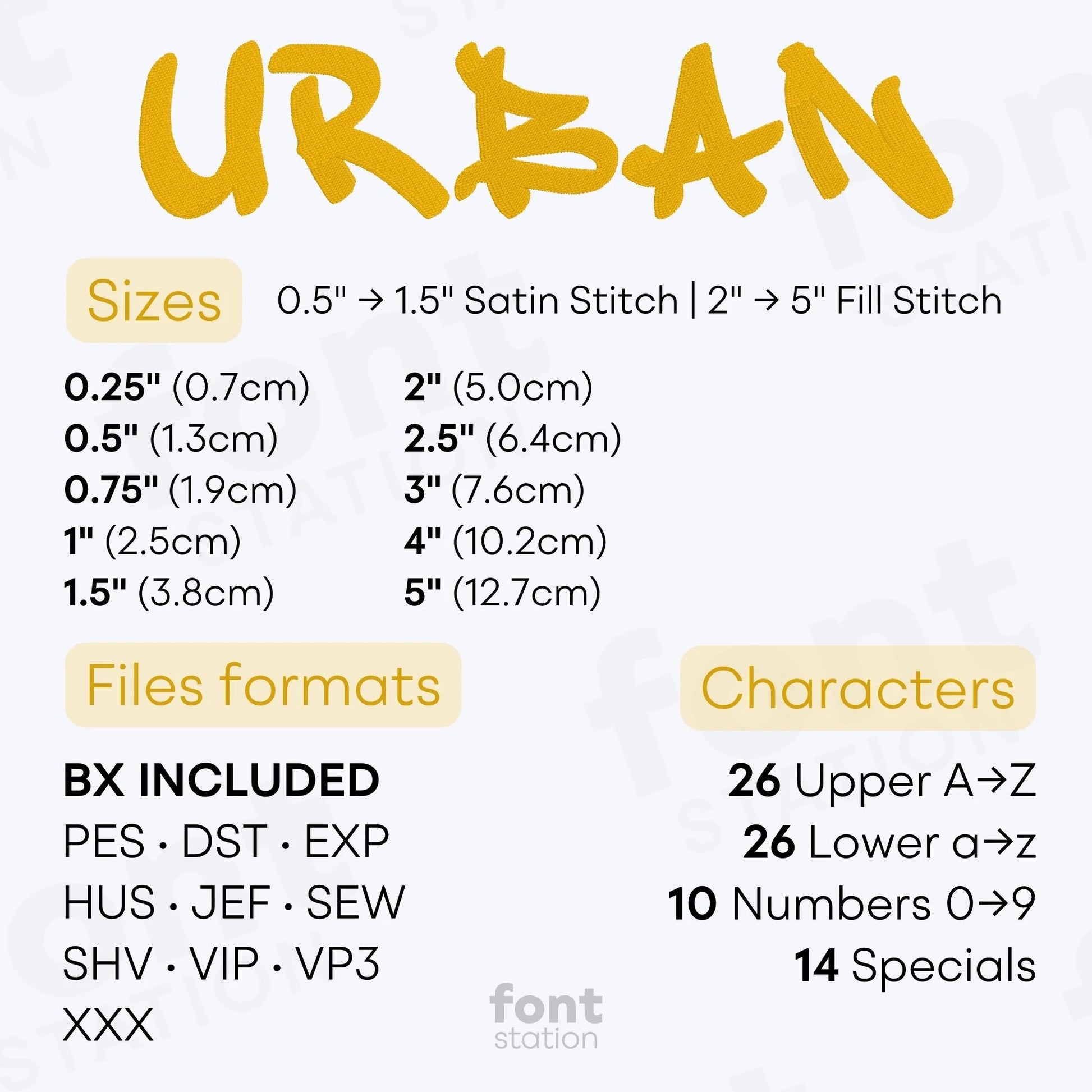 Image showing the different files formats, sizes, stitch type and available characters of the Urban Embroidery Font by FontStation
