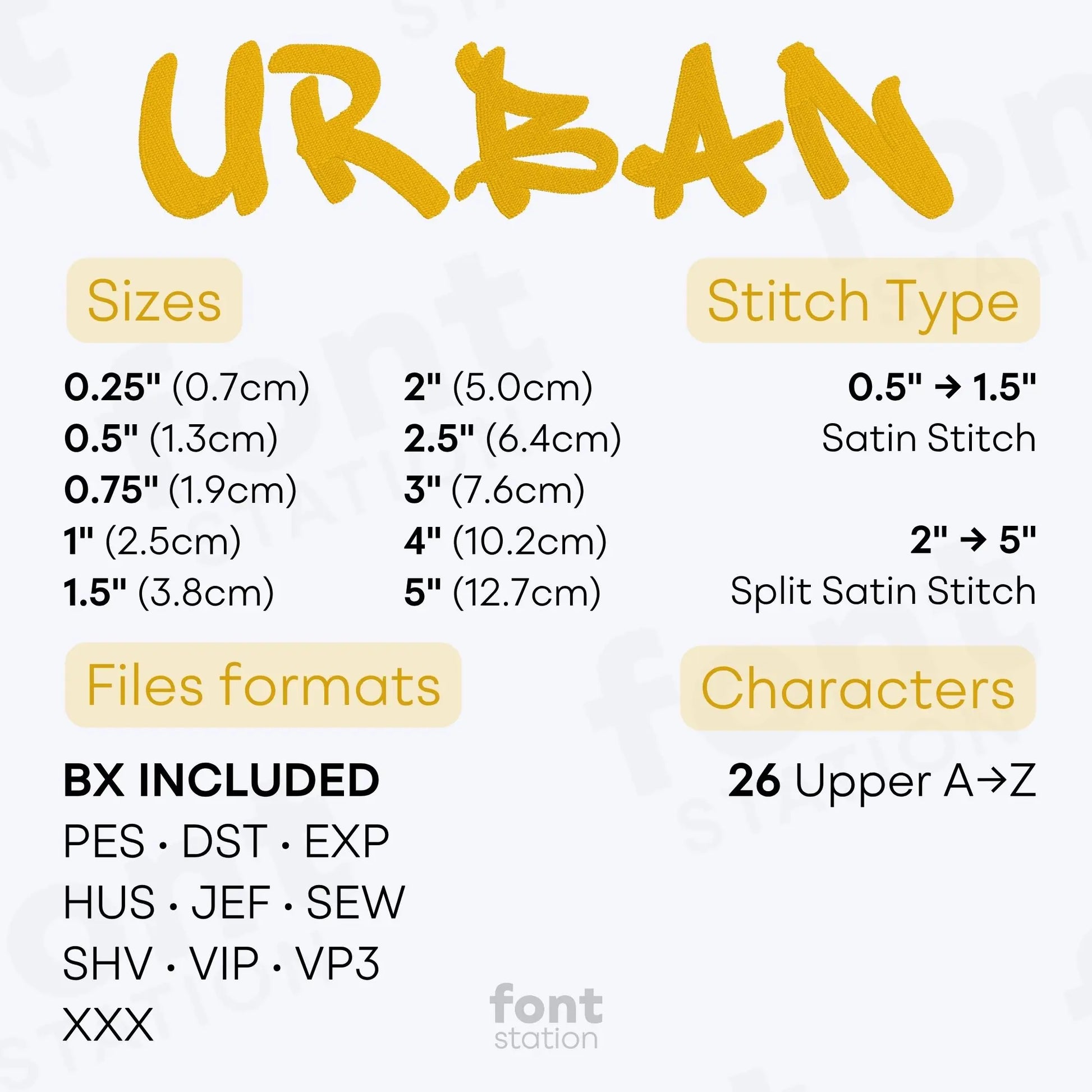 Image showing the different files formats, sizes, stitch type and available characters of the Urban Embroidery Font by FontStation