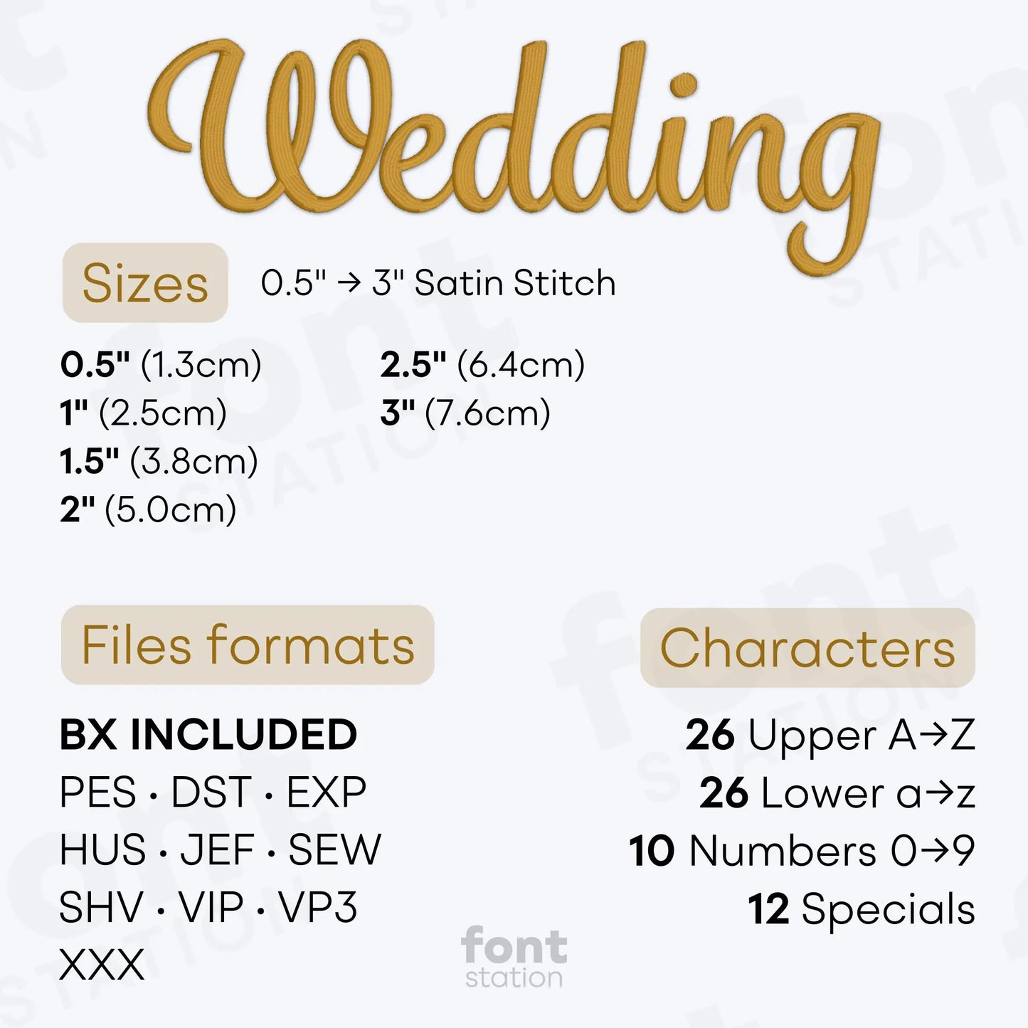 Image showing the different files formats, sizes, stitch type and available characters of the Wedding Embroidery Font by FontStation