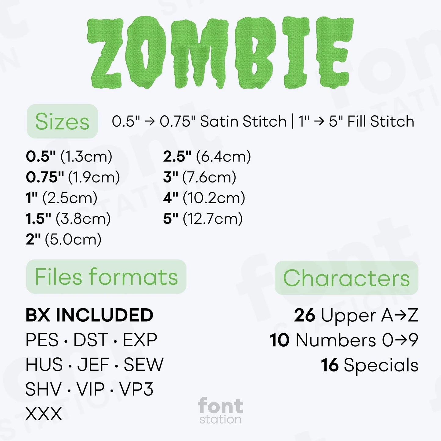 Image showing the different files formats, sizes, stitch type and available characters of the Zombie Embroidery Font by FontStation