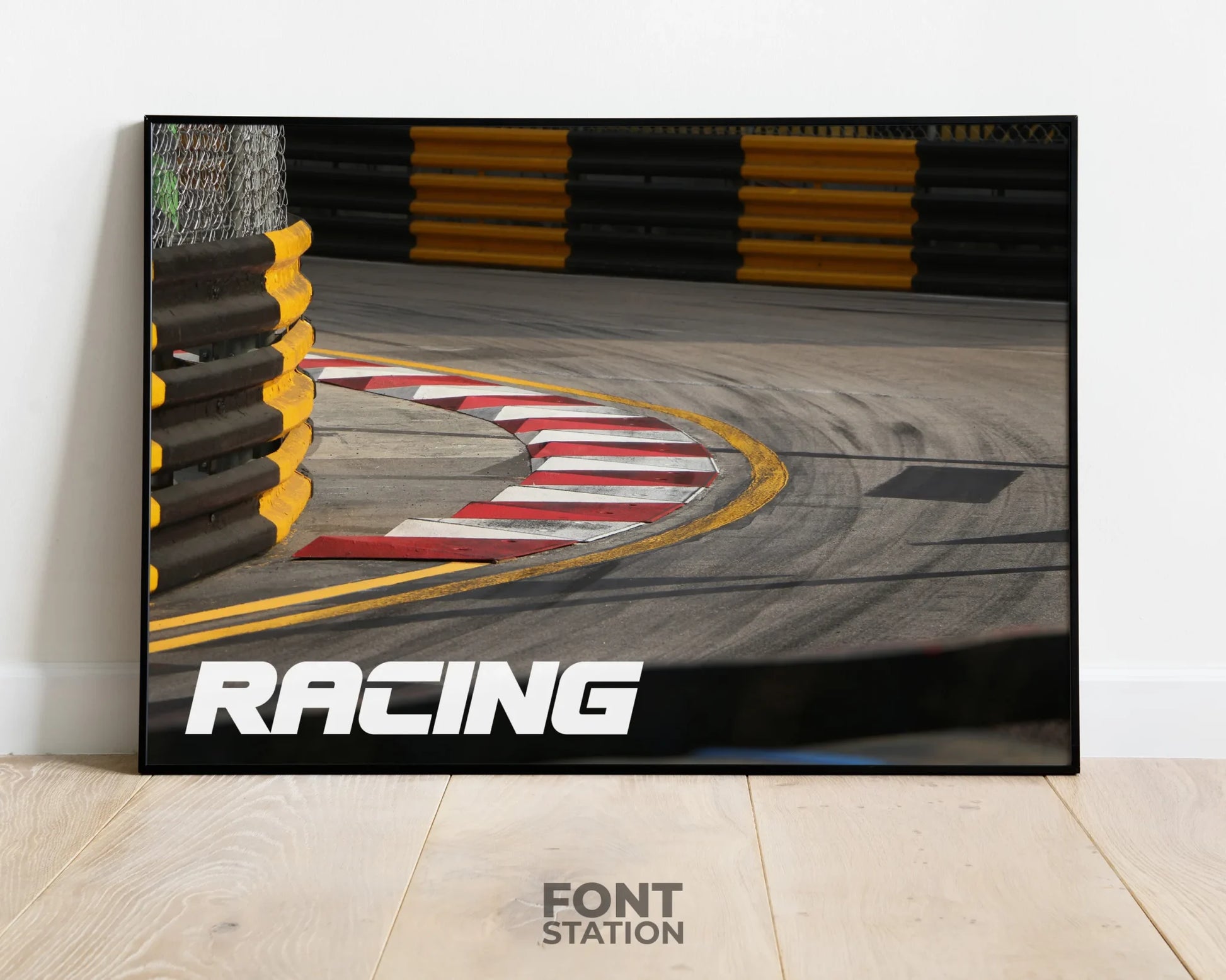 Racing Car Font Display on Frame - Typography Presentation
