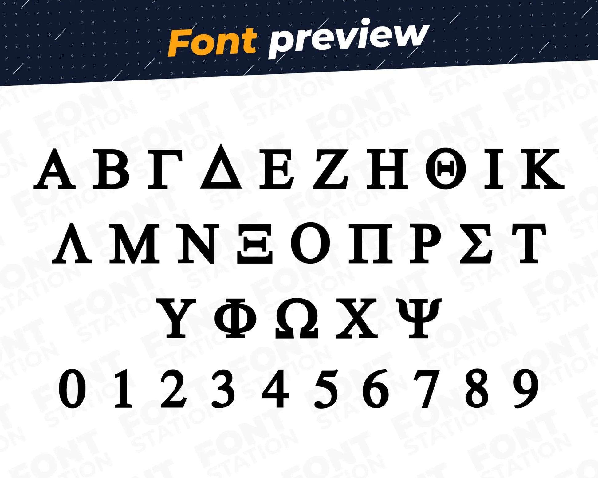 Image showing all characters available in the Ancient Greek font created by FontStation.