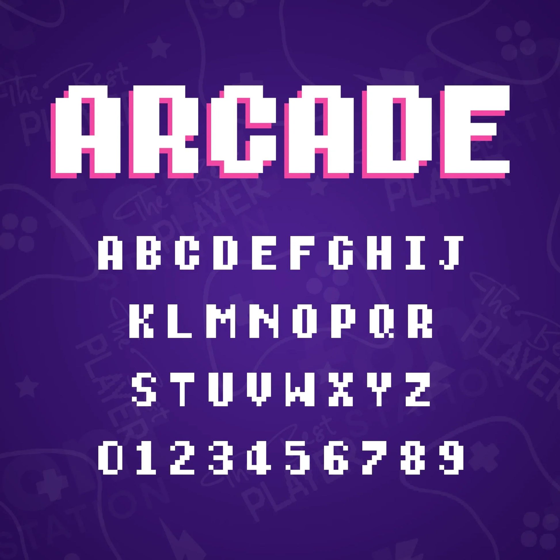 Image showing all characters available in the Arcade Gaming font created by FontStation.