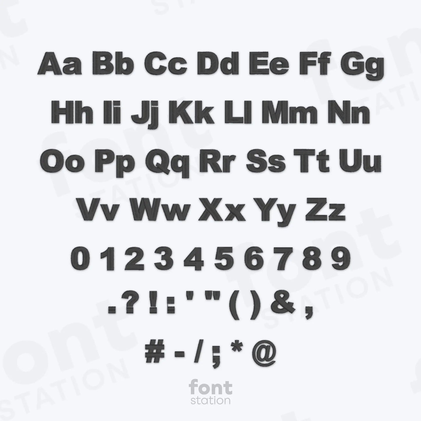Alphabet, numbers and special characters on a white background using the Arial Black embroidery font by FontStation.
