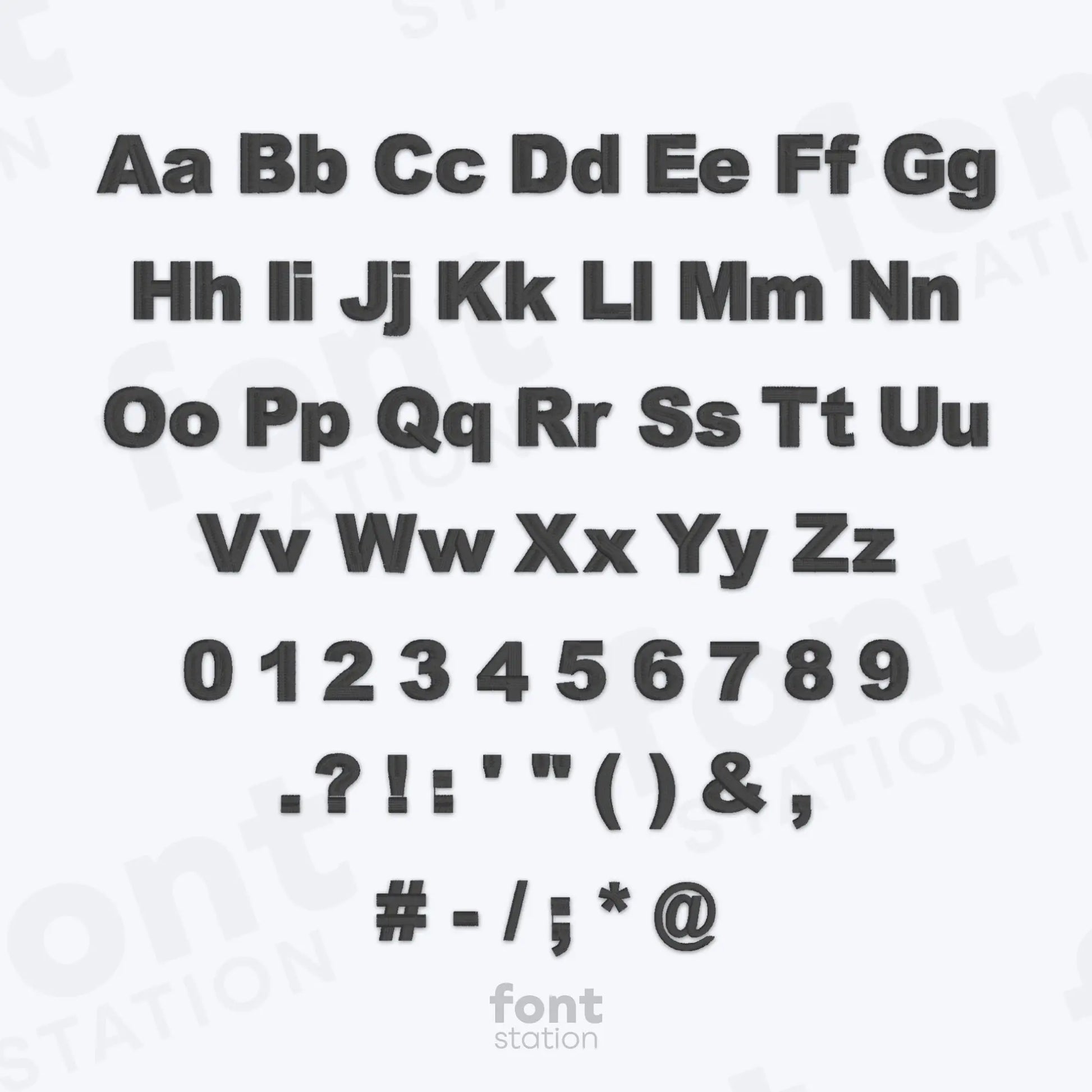Alphabet, numbers and special characters on a white background using the Arial Black embroidery font by FontStation.