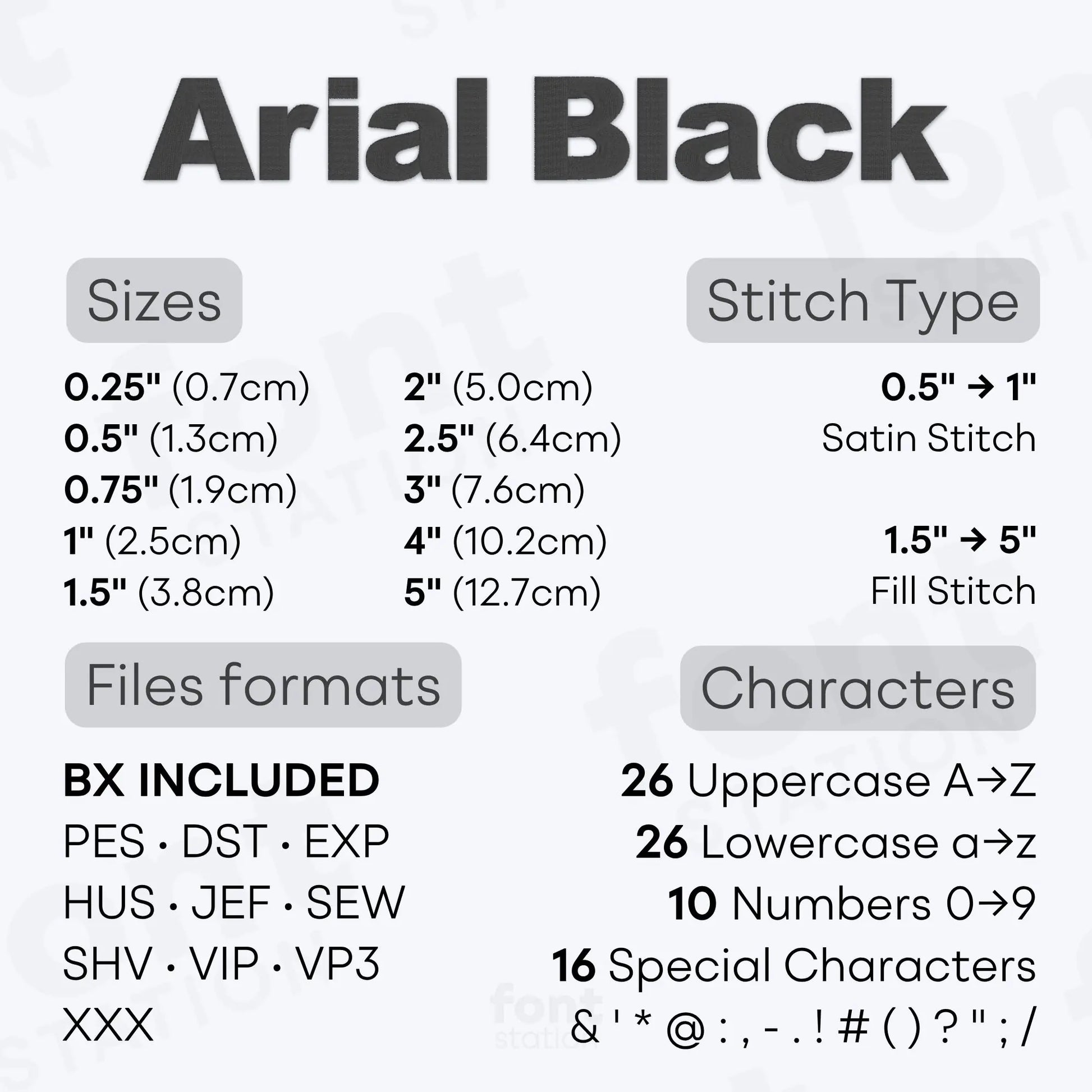 Image showing the different files formats, sizes, stitch type and available characters of the Arial Black Embroidery Font by FontStation