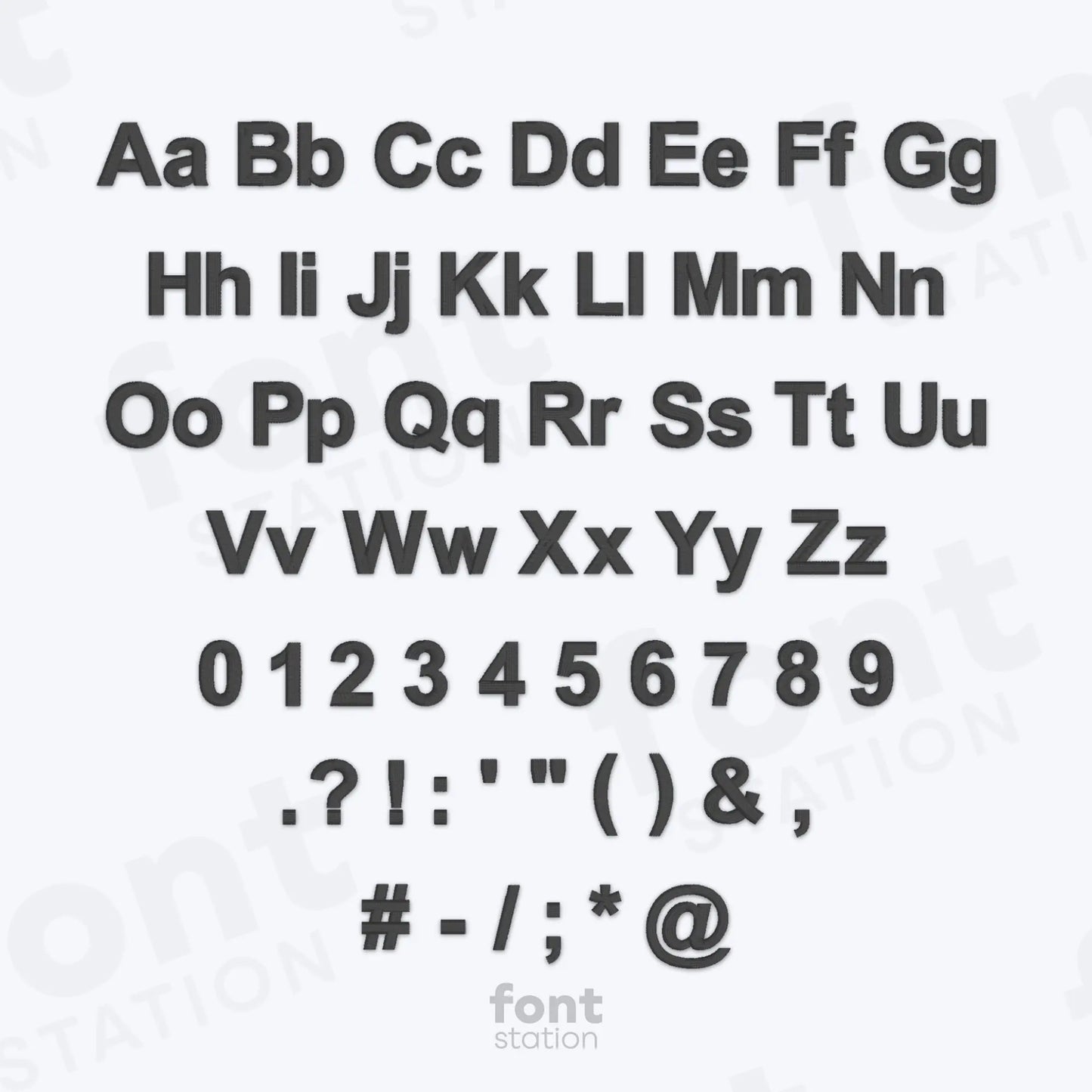 Alphabet, numbers and special characters on a white background with the Arial Bold embroidery font