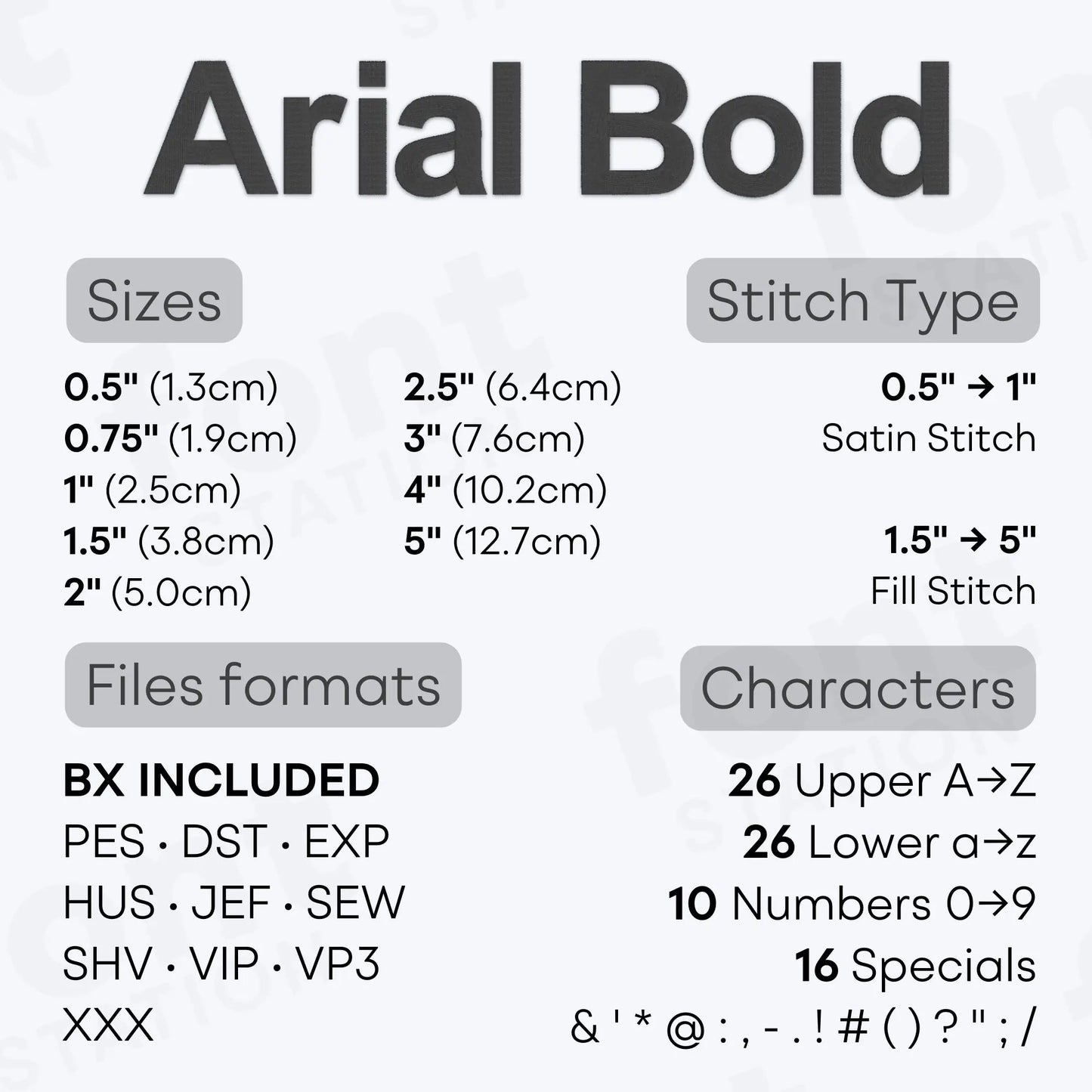 Image showing the different files formats, sizes, stitch type and available characters of the Arial Bold Embroidery Font by FontStation