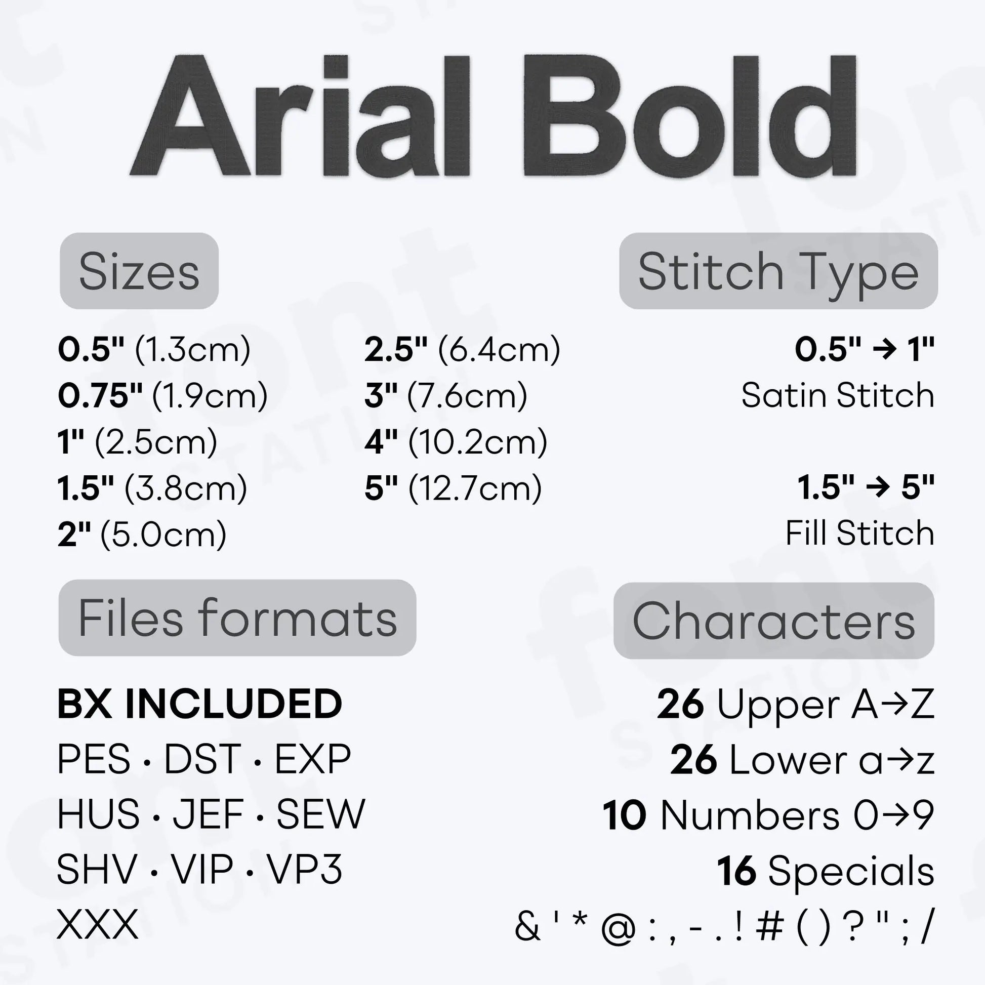 Image showing the different files formats, sizes, stitch type and available characters of the Arial Bold Embroidery Font by FontStation