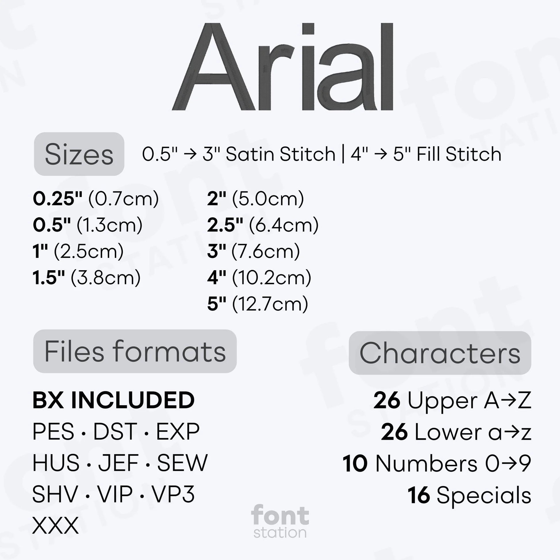 Image showing the different files formats, sizes, stitch type and available characters of the Arial Embroidery Font by FontStation