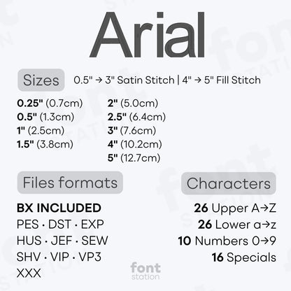 Image showing the different files formats, sizes, stitch type and available characters of the Arial Embroidery Font by FontStation