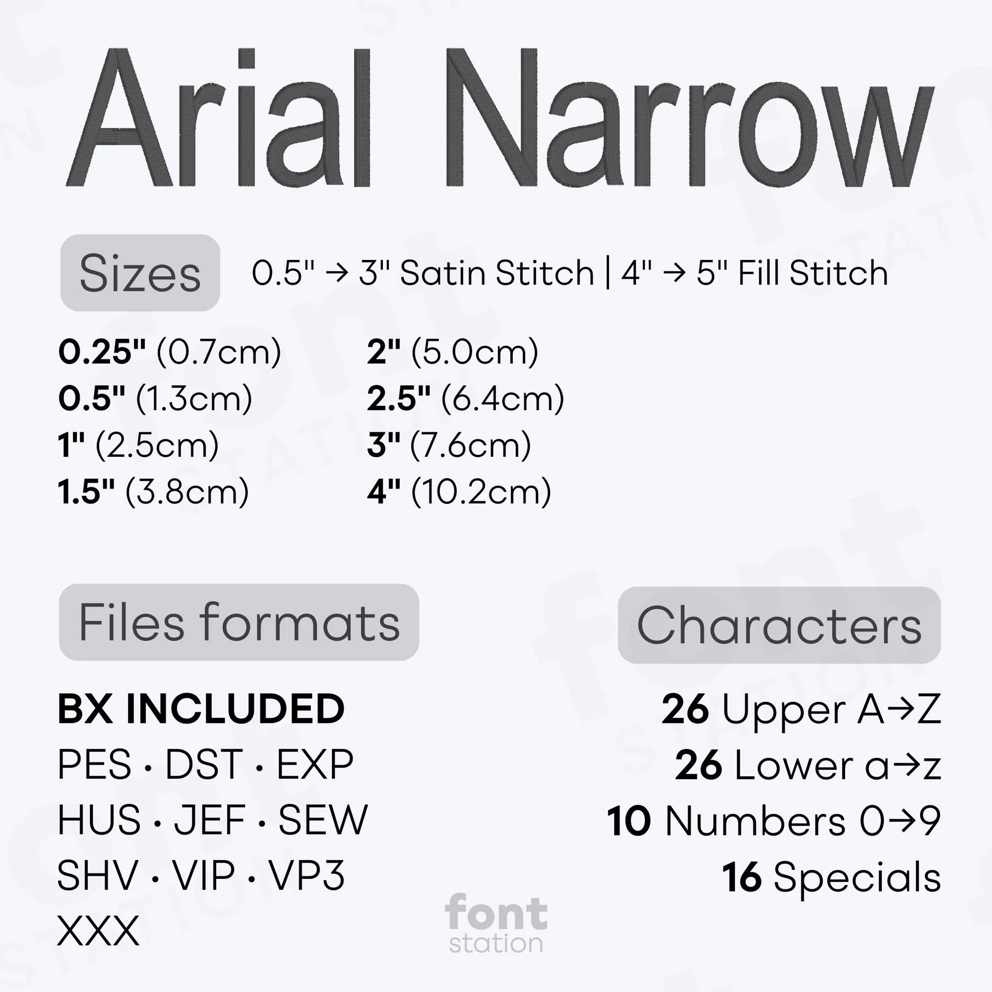 Image showing the different files formats, sizes, stitch type and available characters of the Arial Narrow Embroidery Font by FontStation